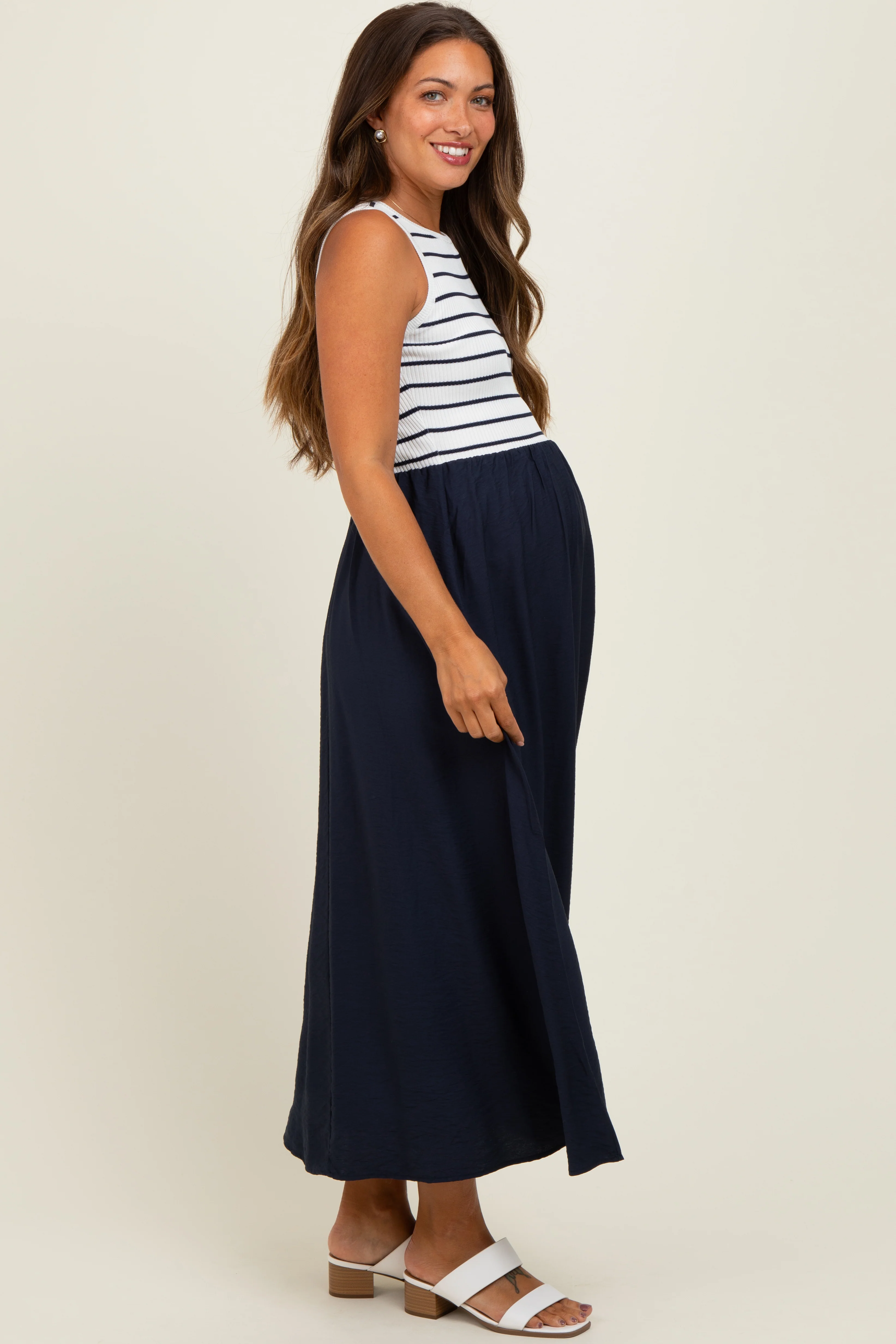Ivory Contrast Striped Knit Sleeveless Maternity Midi Dress - Image 3