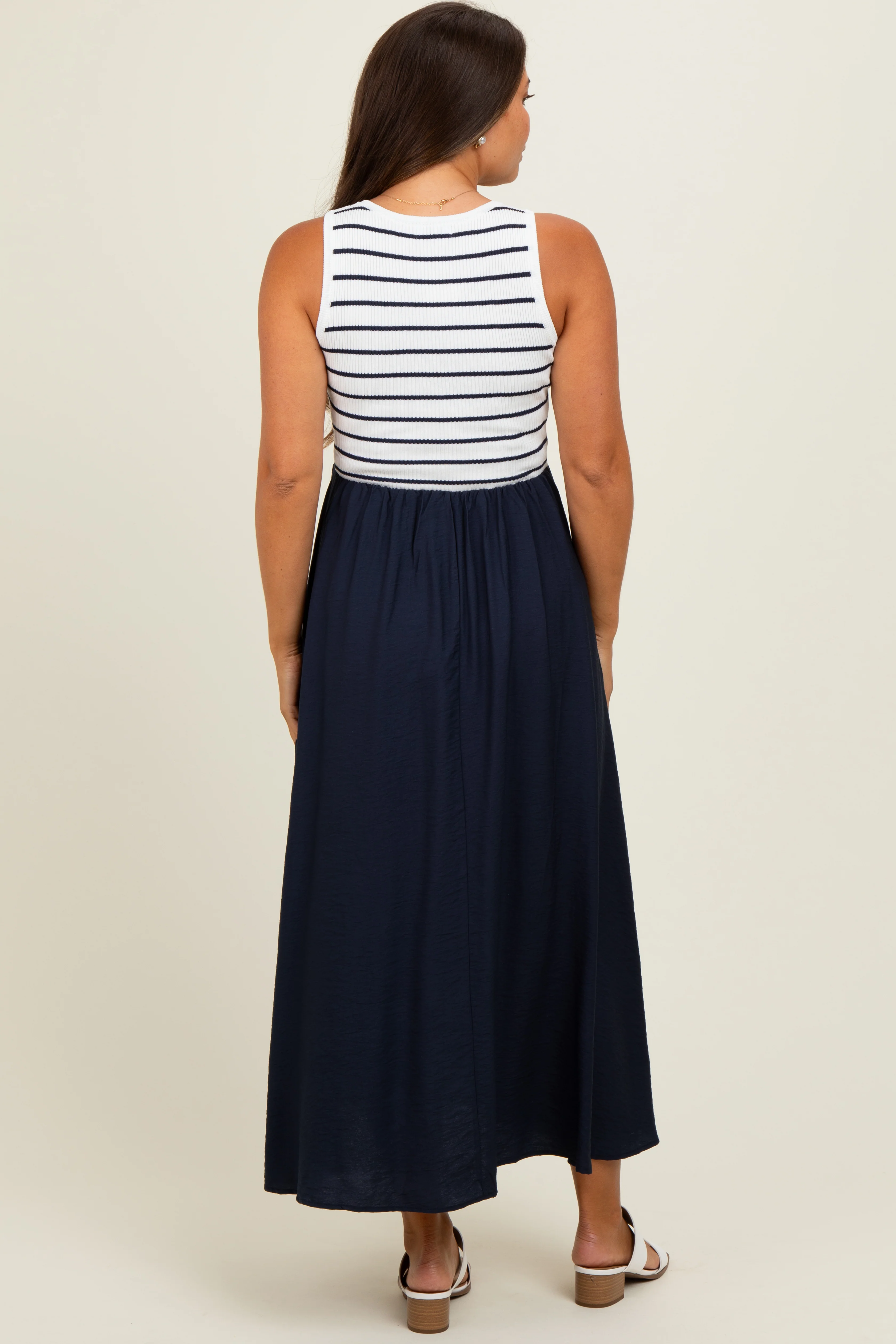 Ivory Contrast Striped Knit Sleeveless Maternity Midi Dress - Image 4