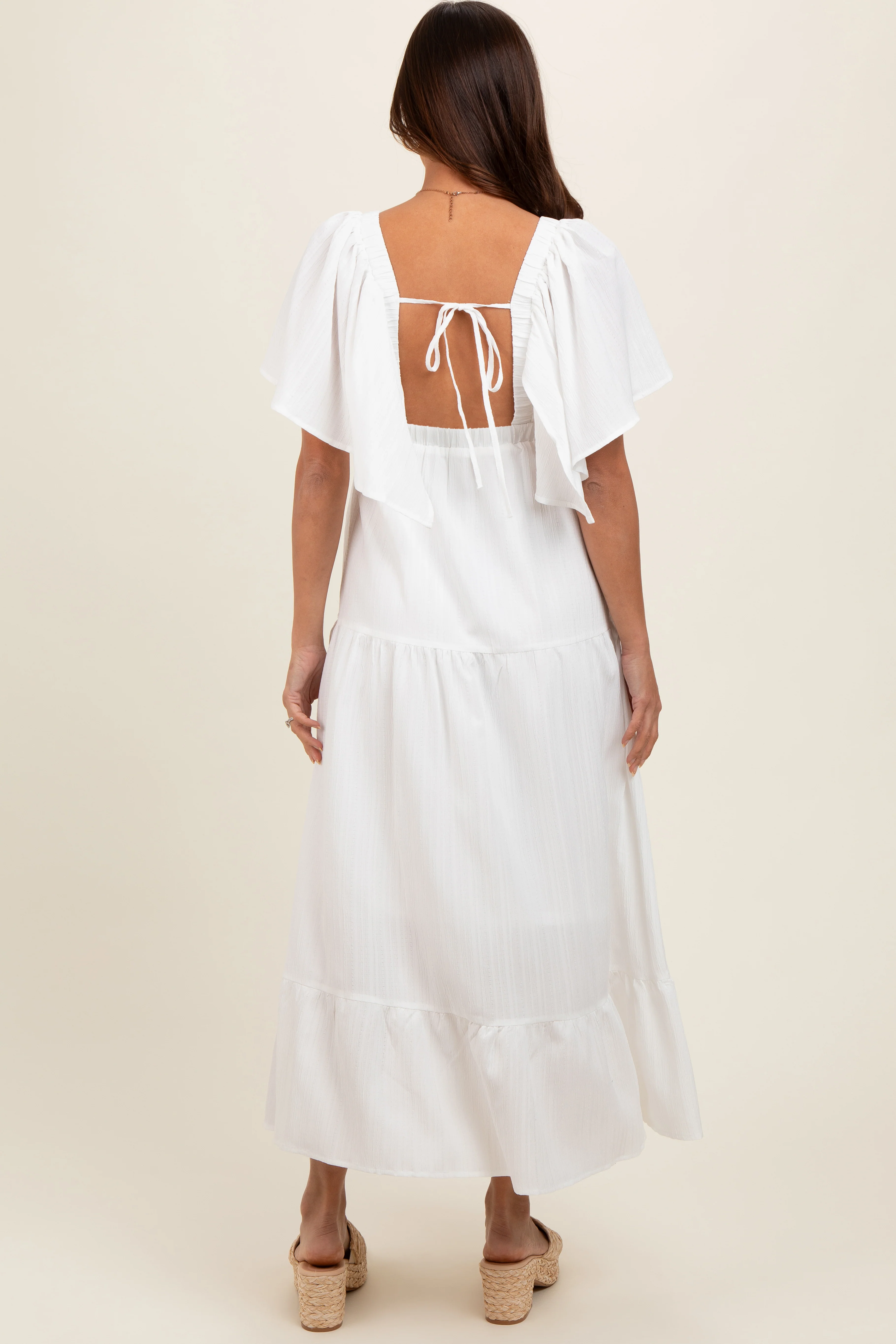 Ivory Deep V-Neck Flutter Sleeve Tiered Maternity Midi Dress - Image 4