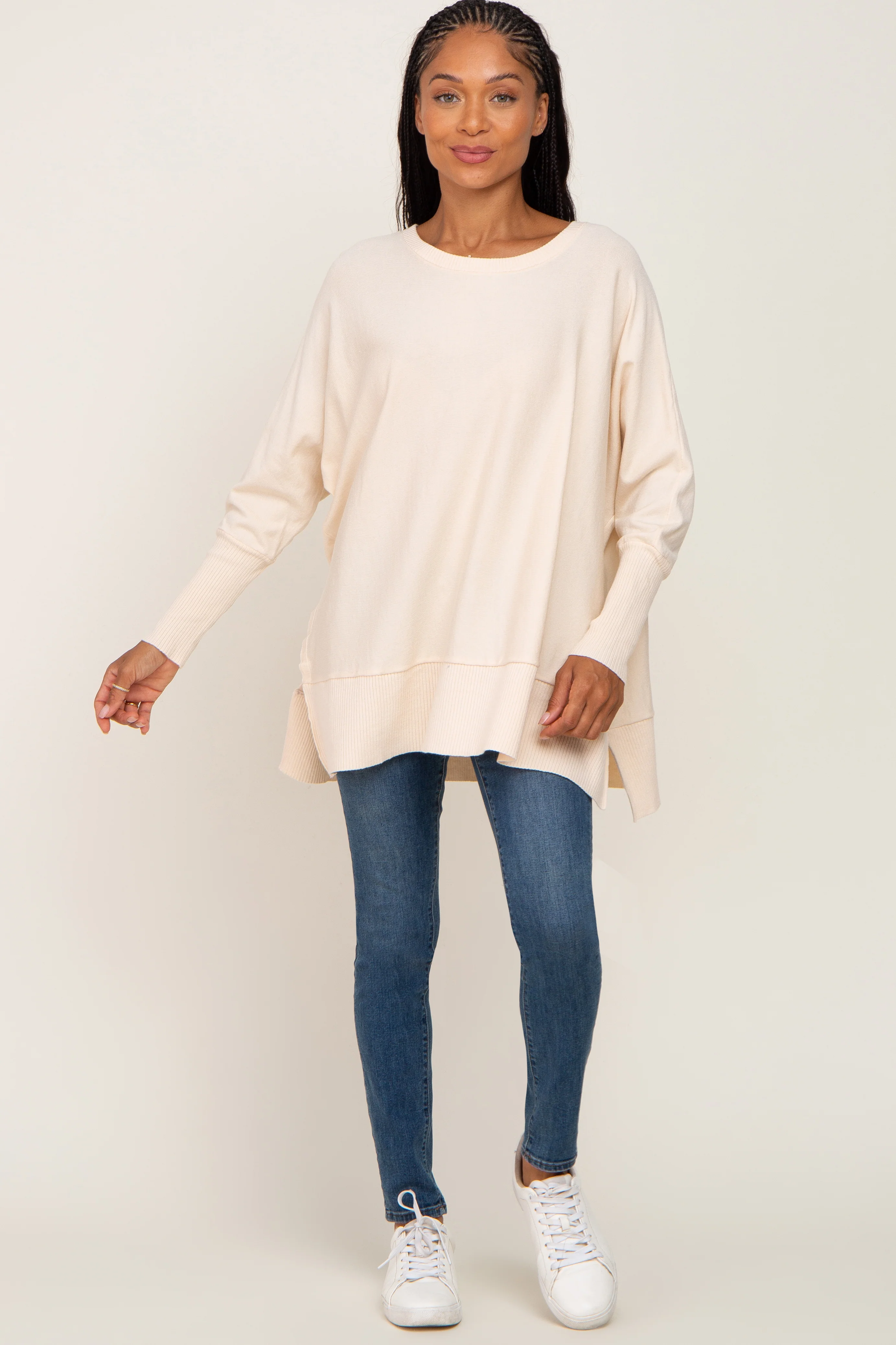 Ivory Dolman Sleeve Side Slit Sweater - Image 4
