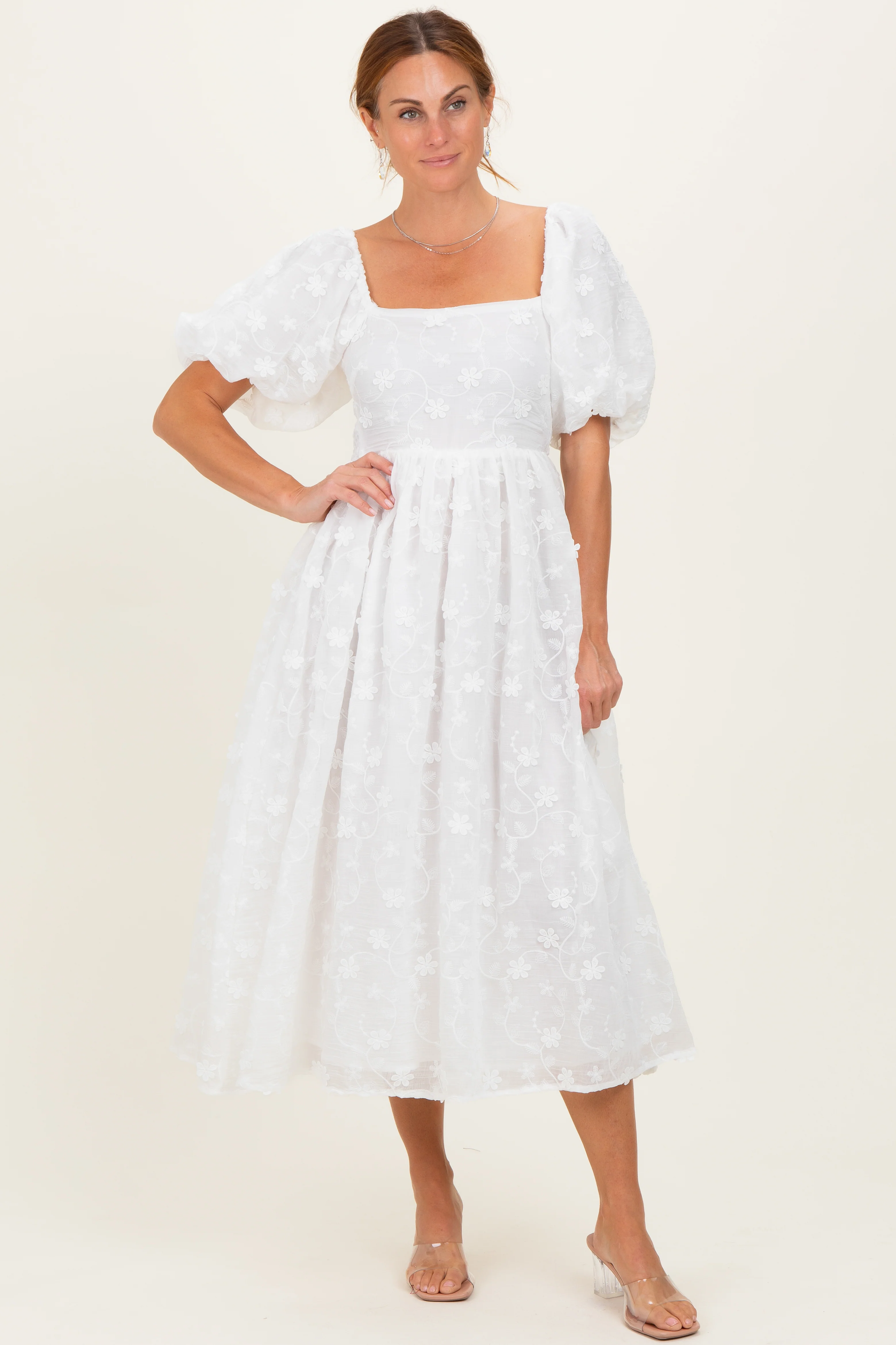 Ivory Embroidered Floral Puff Sleeve Midi Dress - Image 2