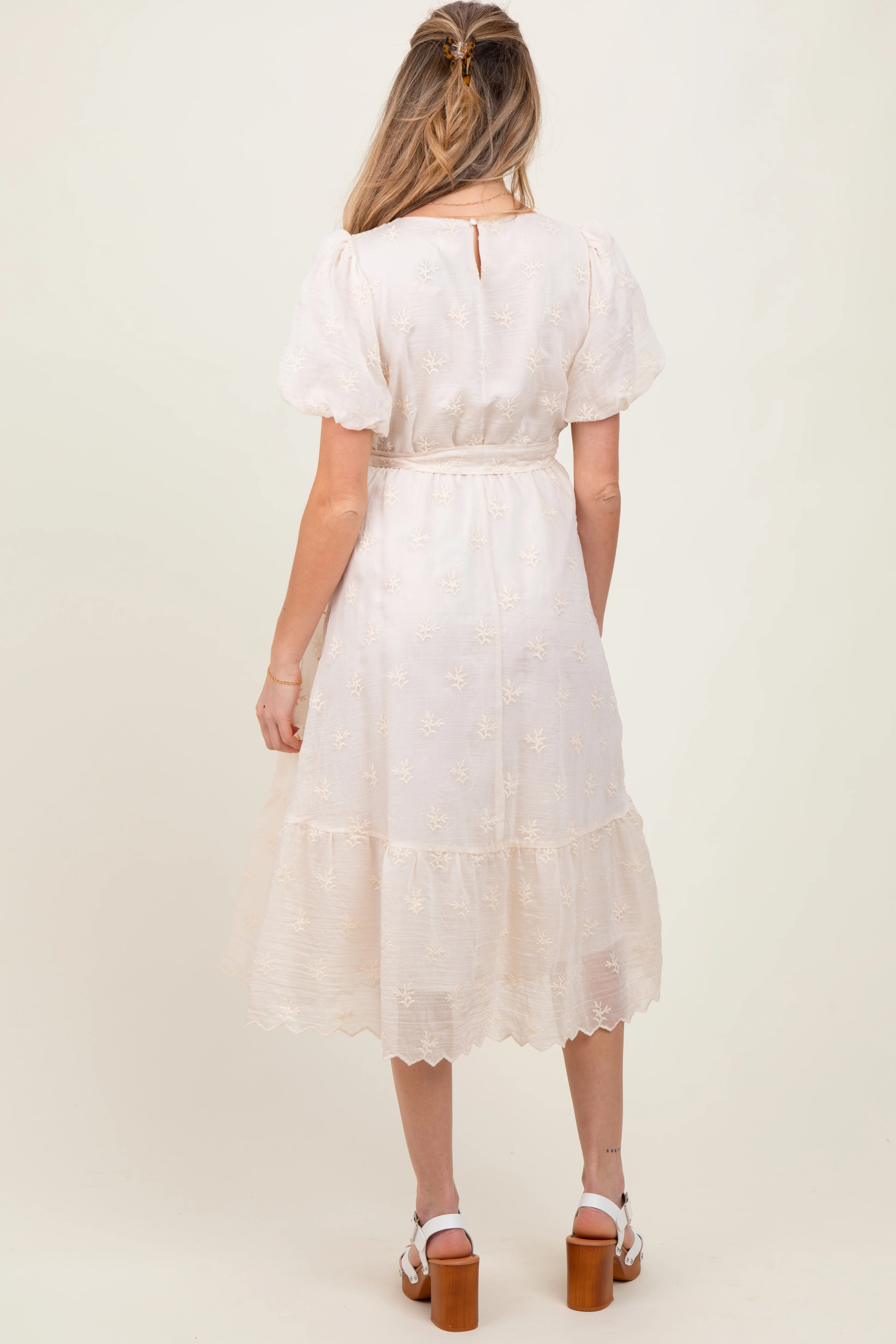 Ivory Embroidered Tied Waist Short Sleeve Maternity Midi Dress - Image 4