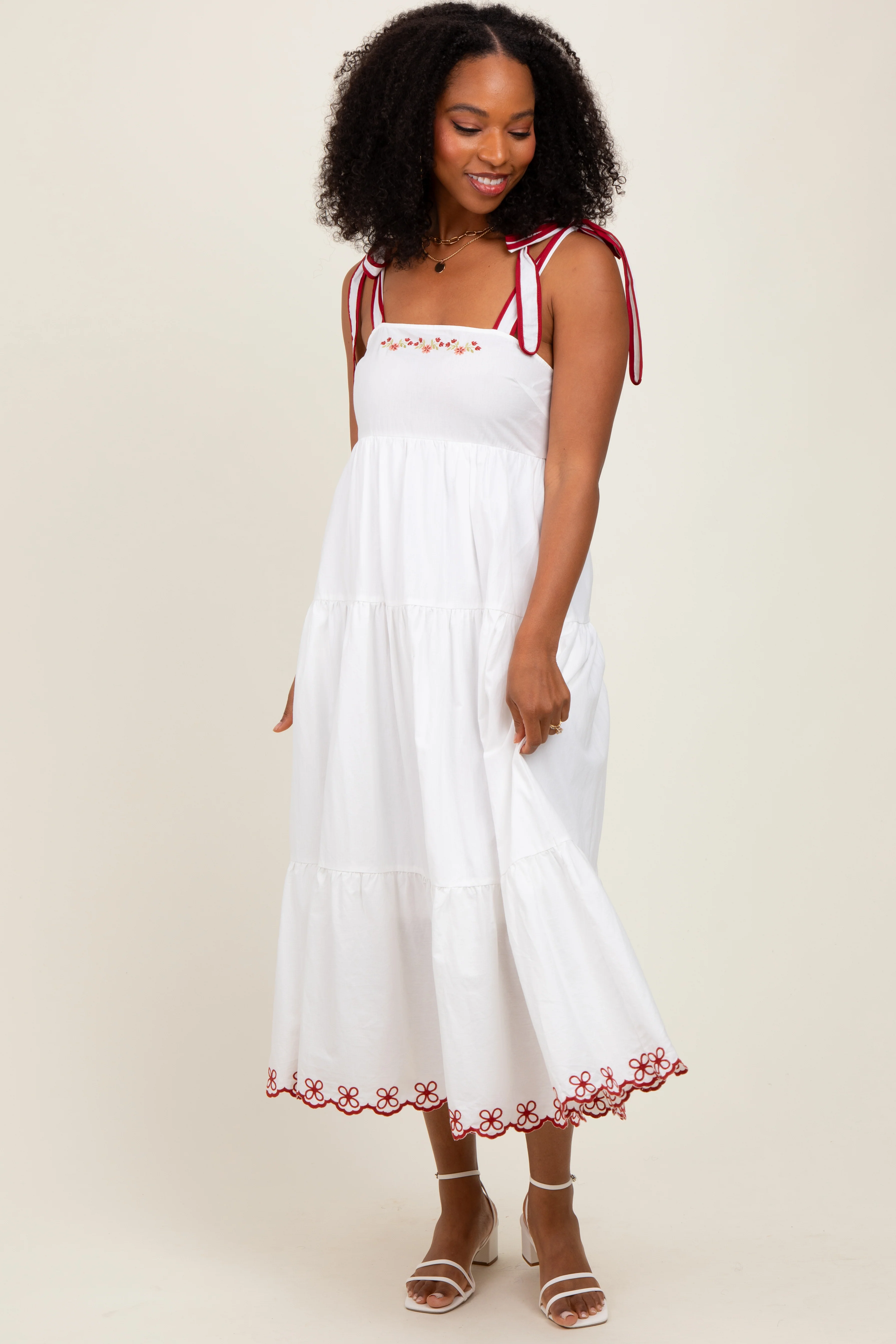 Ivory Embroidered Tiered Maternity Midi Dress - Image 5