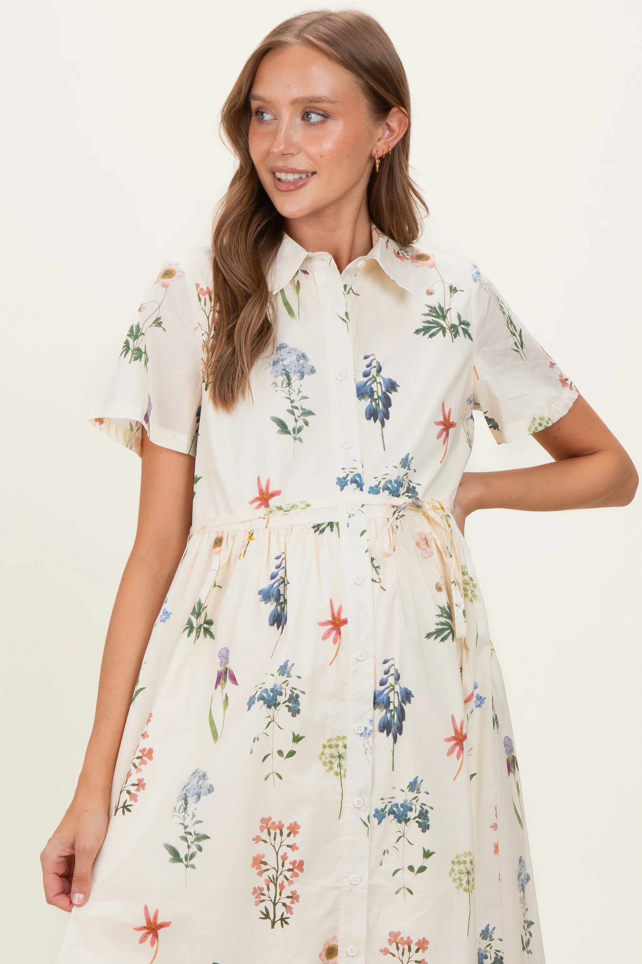 Ivory Floral Button Down Maternity Midi Dress - Image 2