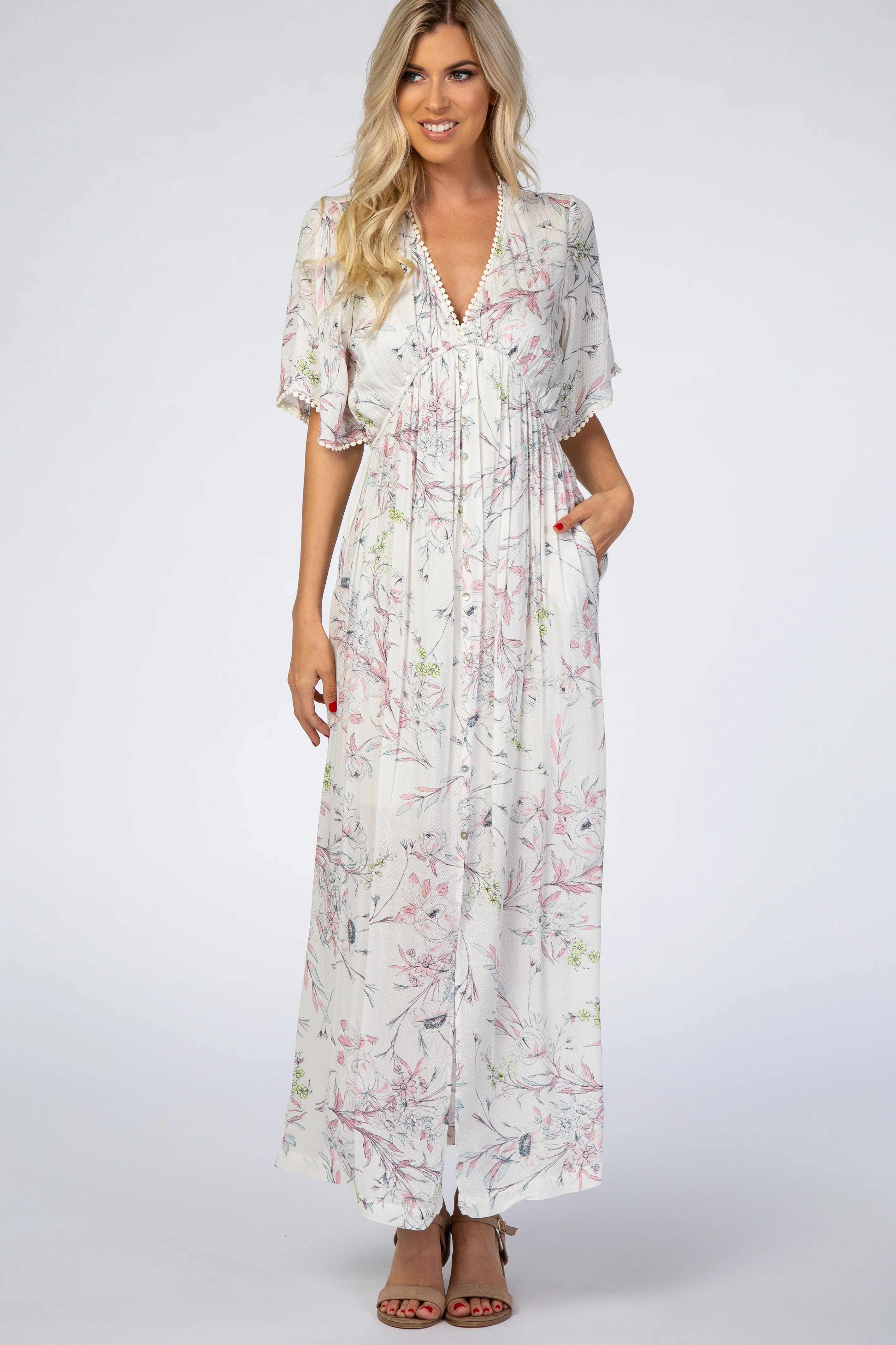 Ivory Floral Button Front Maxi Dress - Image 2