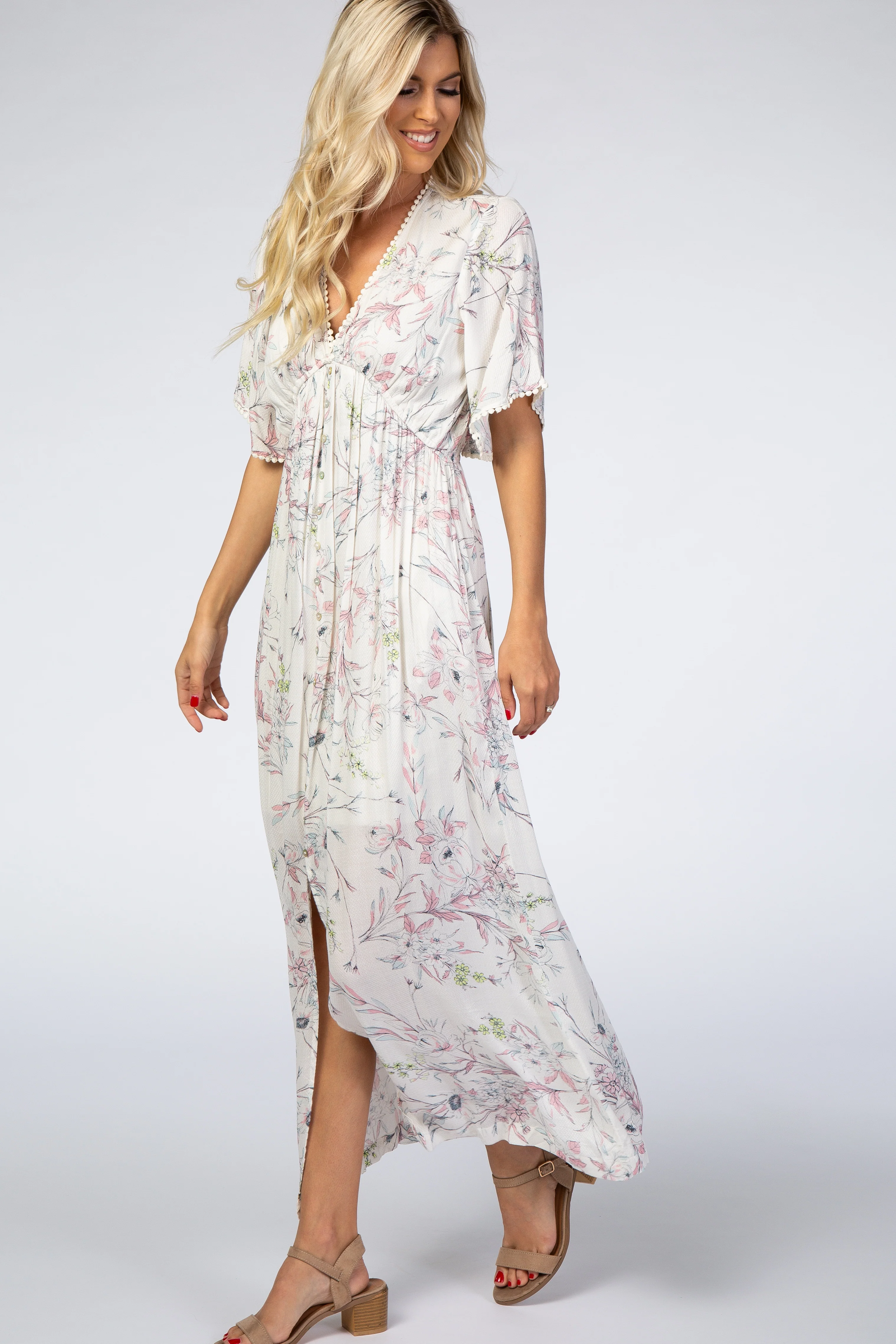 Ivory Floral Button Front Maxi Dress - Image 3