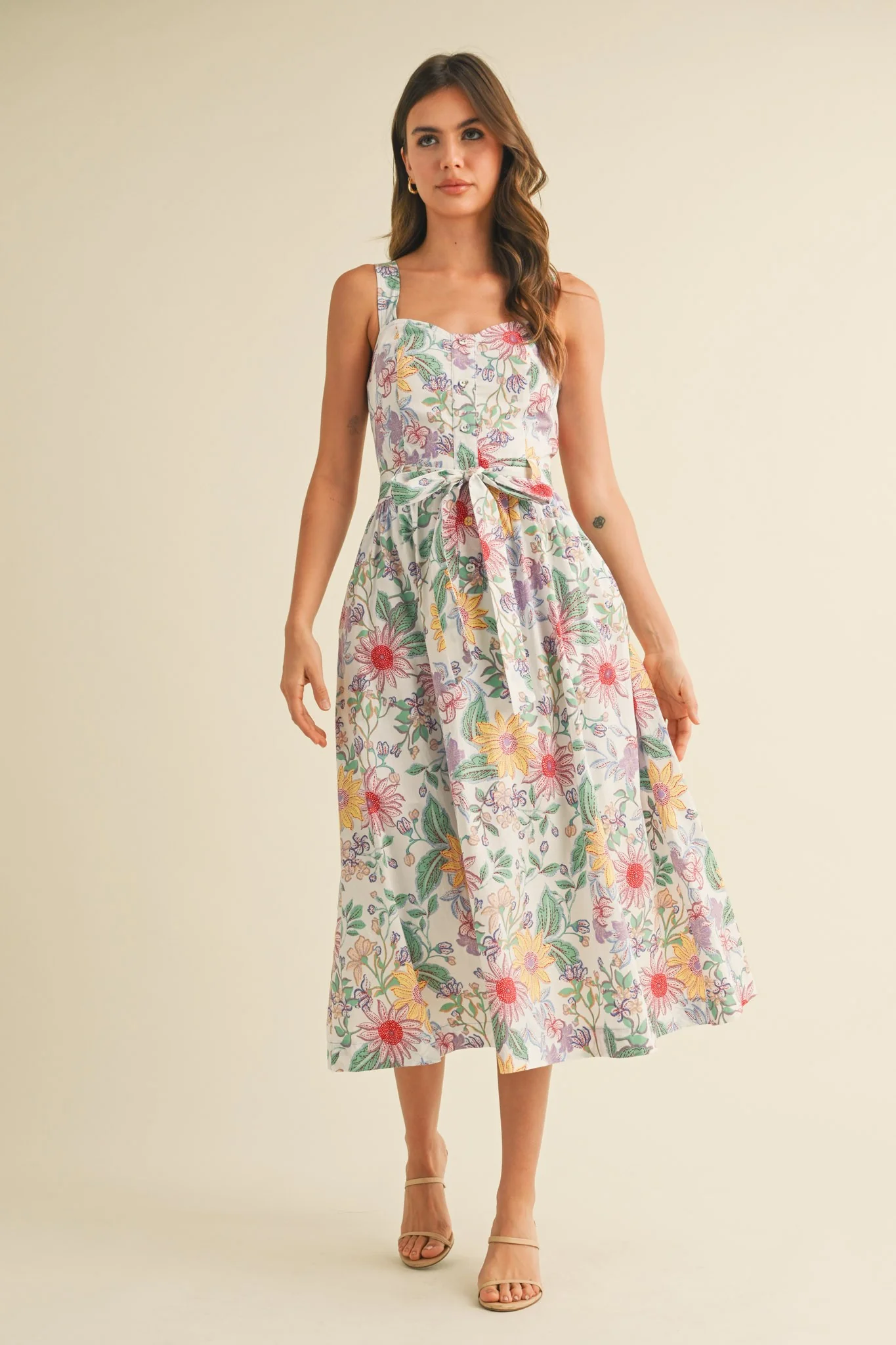 Ivory Floral Button Front Sash Tie Maternity Midi Dress - Image 5