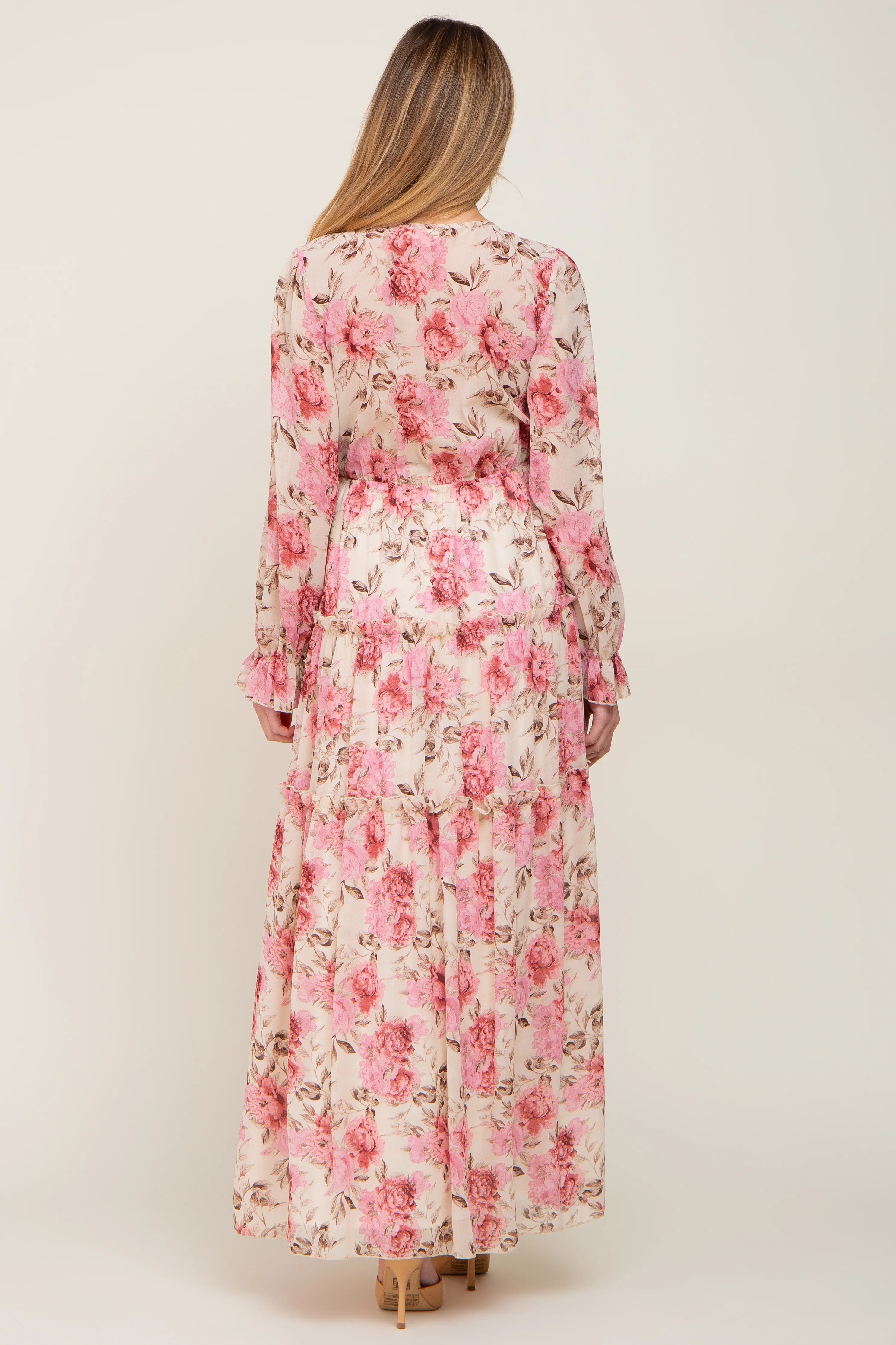 Ivory Floral Chiffon Ruffle Tiered Maternity Maxi Dress - Image 3