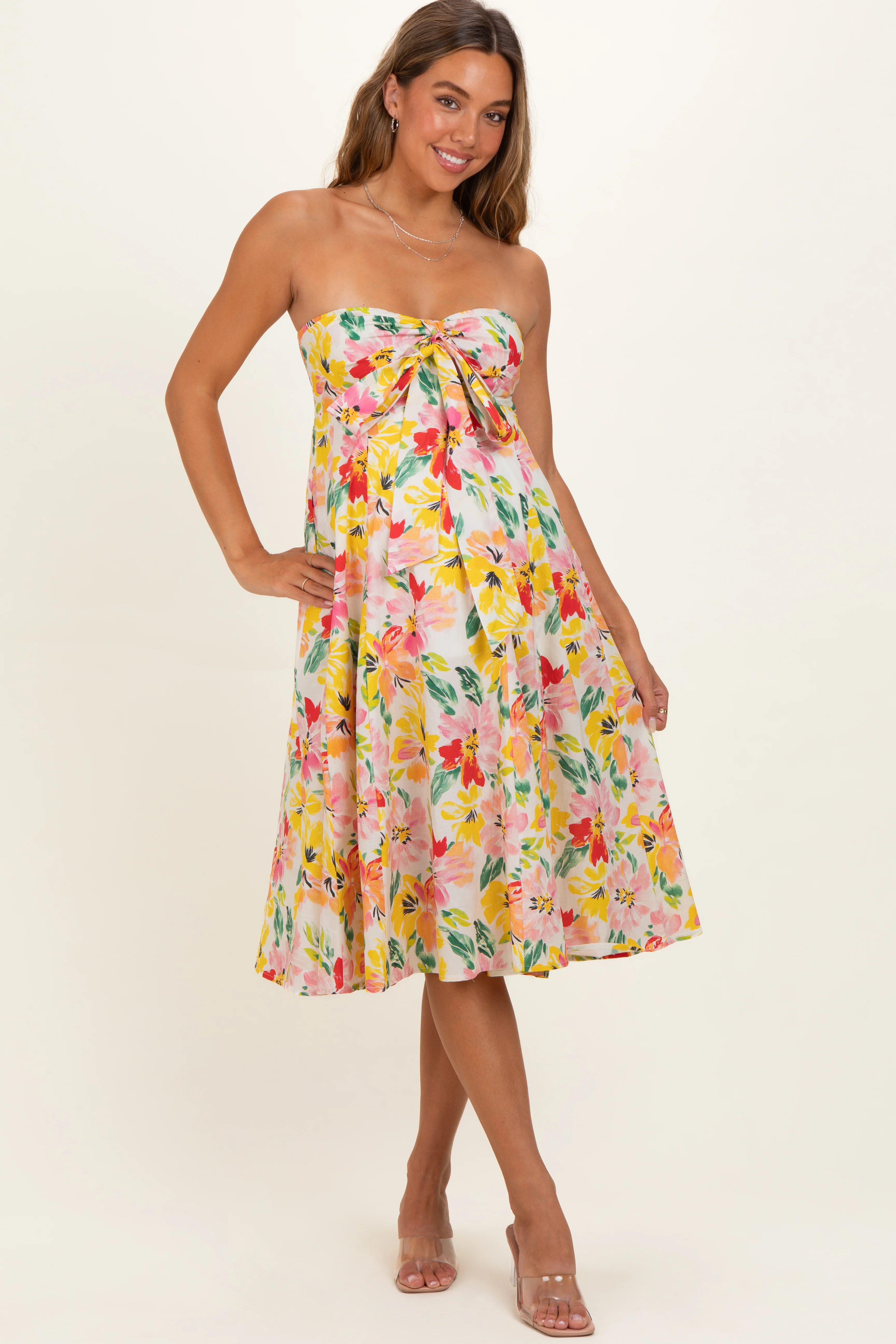 Ivory Floral Keyhole Halter Maternity Midi Dress - Image 2