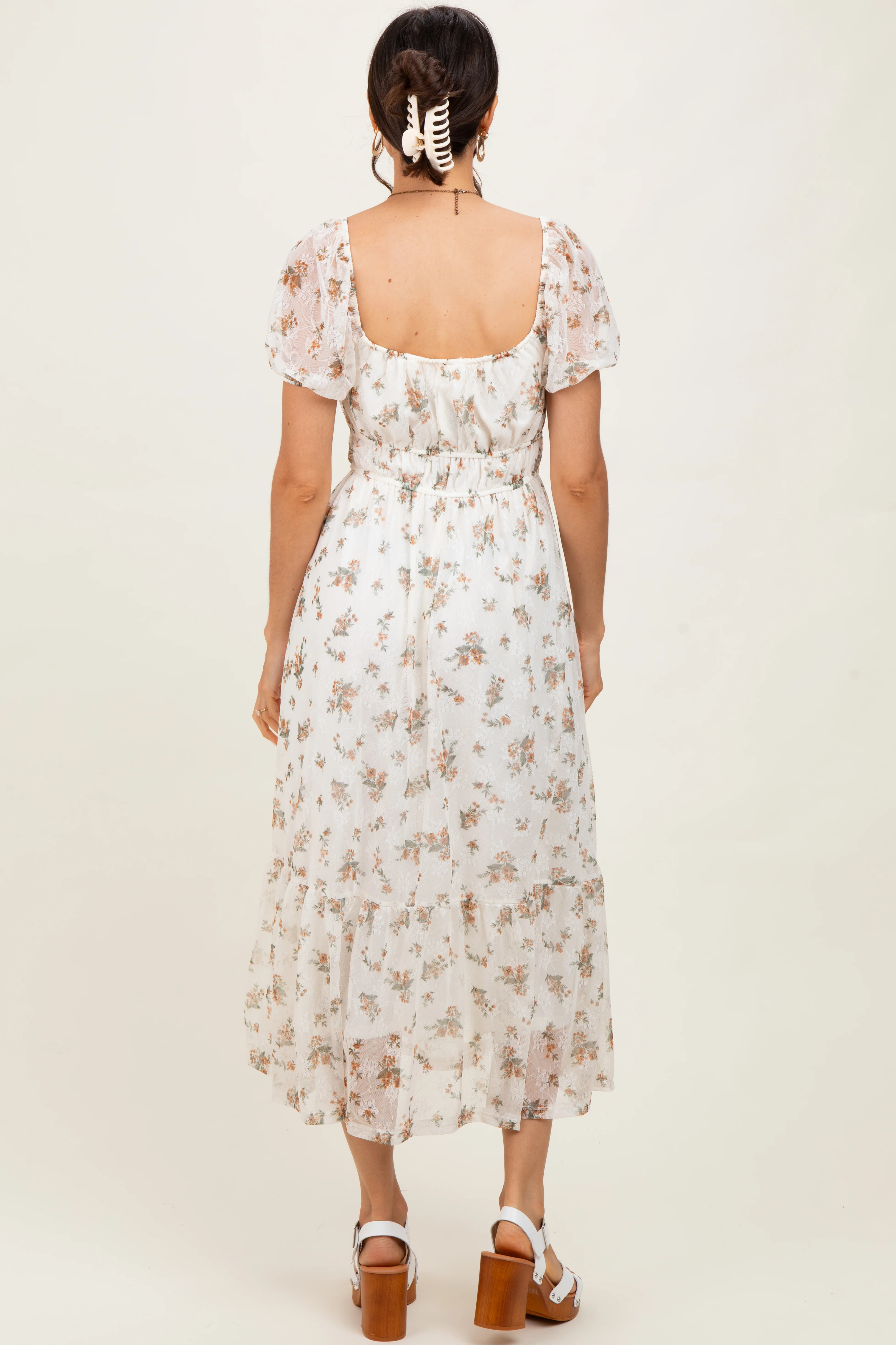Ivory Floral Lace Overlay Puff Sleeve Midi Dress - Image 4