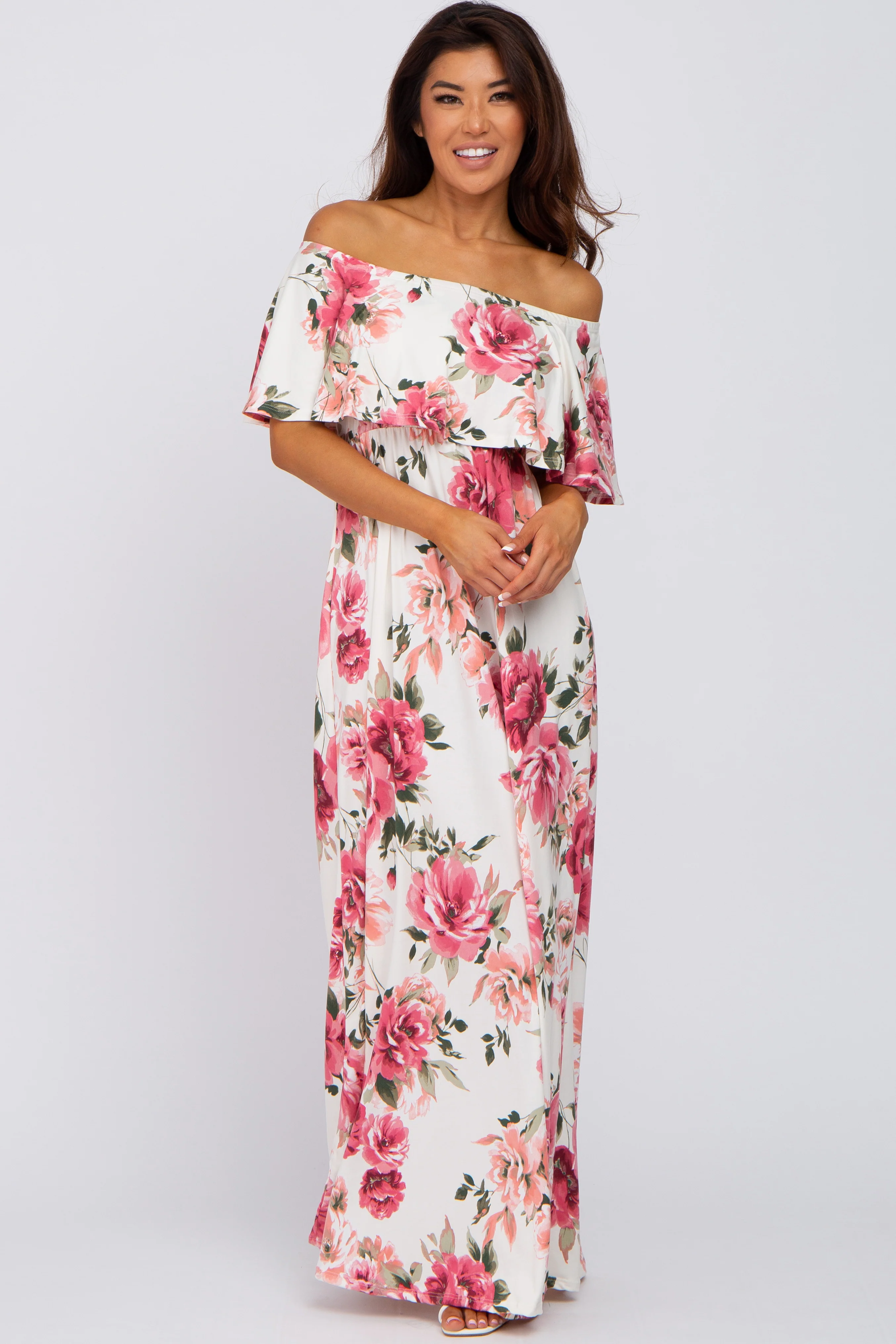 Ivory Floral Off Shoulder Flounce Maternity Maxi Dress - Image 4