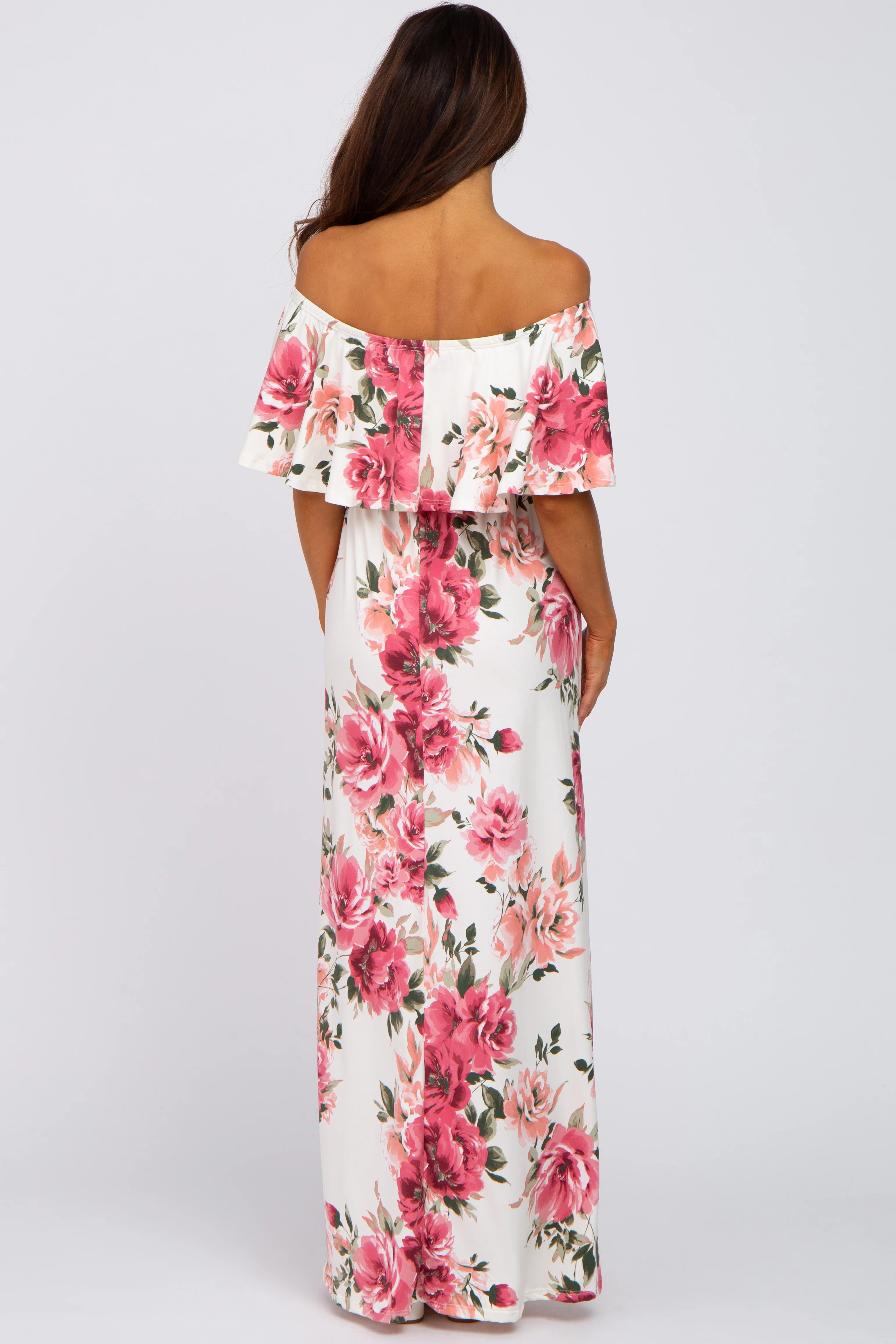 Ivory Floral Off Shoulder Flounce Maxi Dress - Image 3