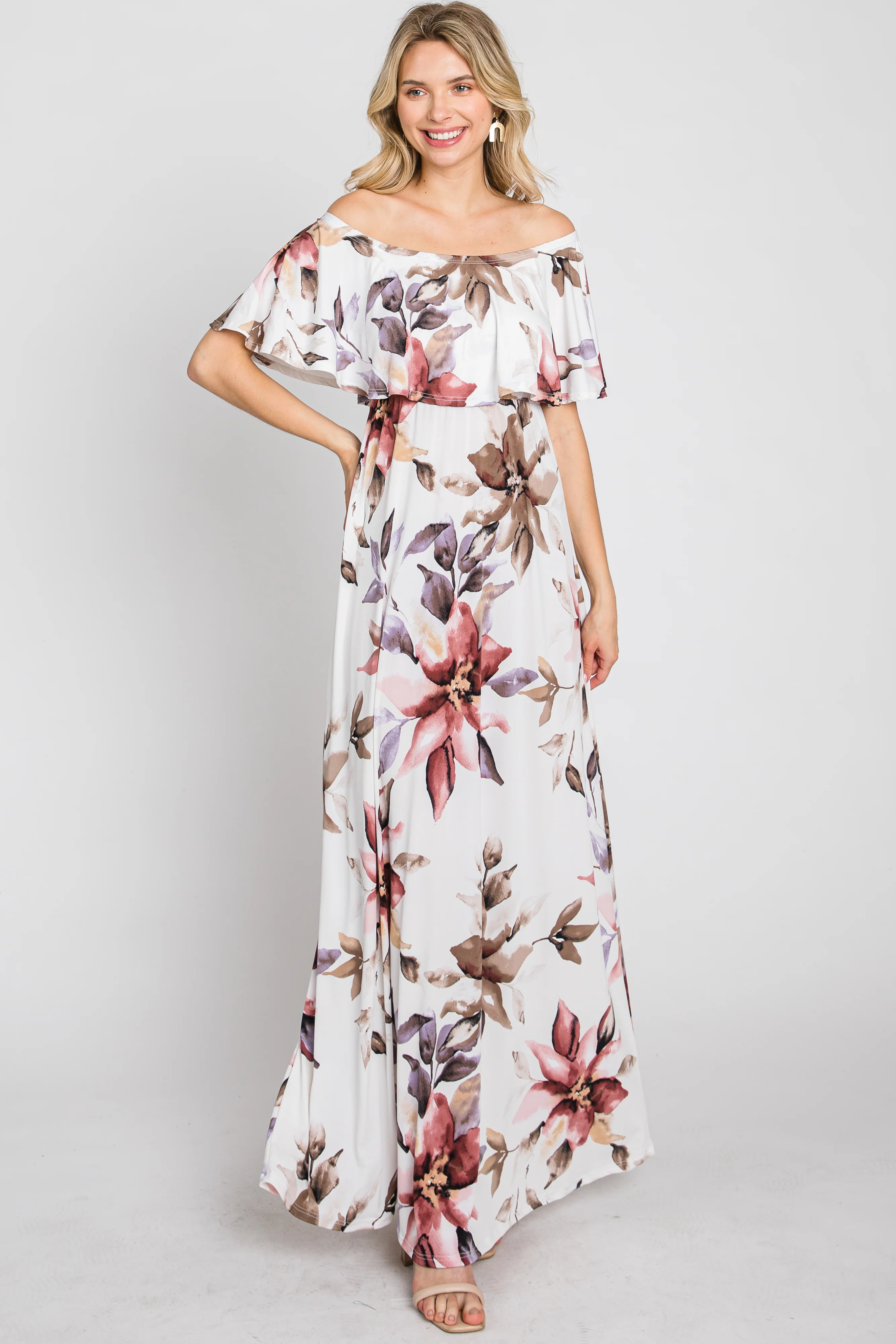 Ivory Floral Off Shoulder Maxi Dress - Image 3
