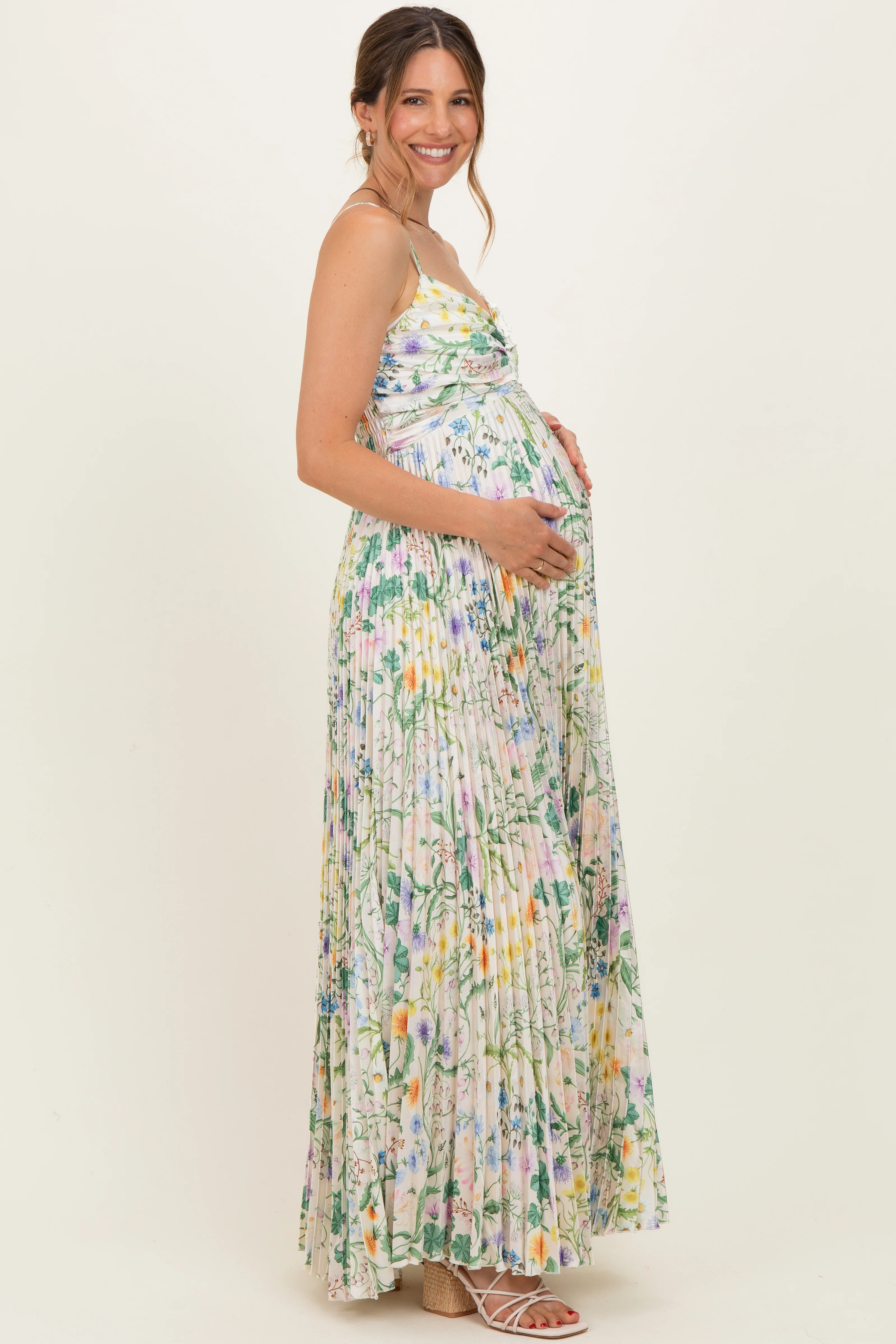 Ivory Floral Pleated Sleeveless Maternity Maxi Dress - Image 2