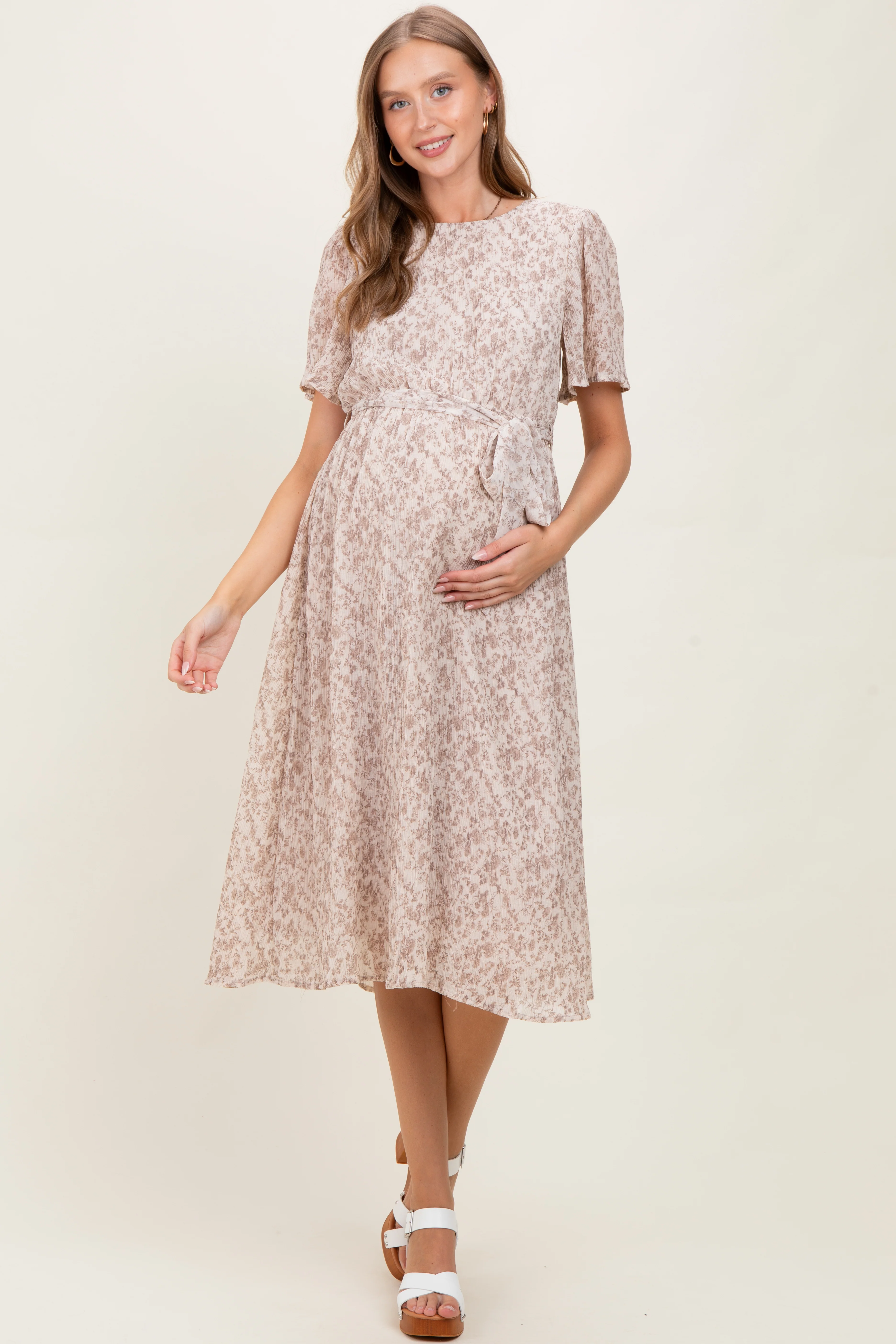 Ivory Floral Plisse Chiffon Maternity Midi Dress - Image 2
