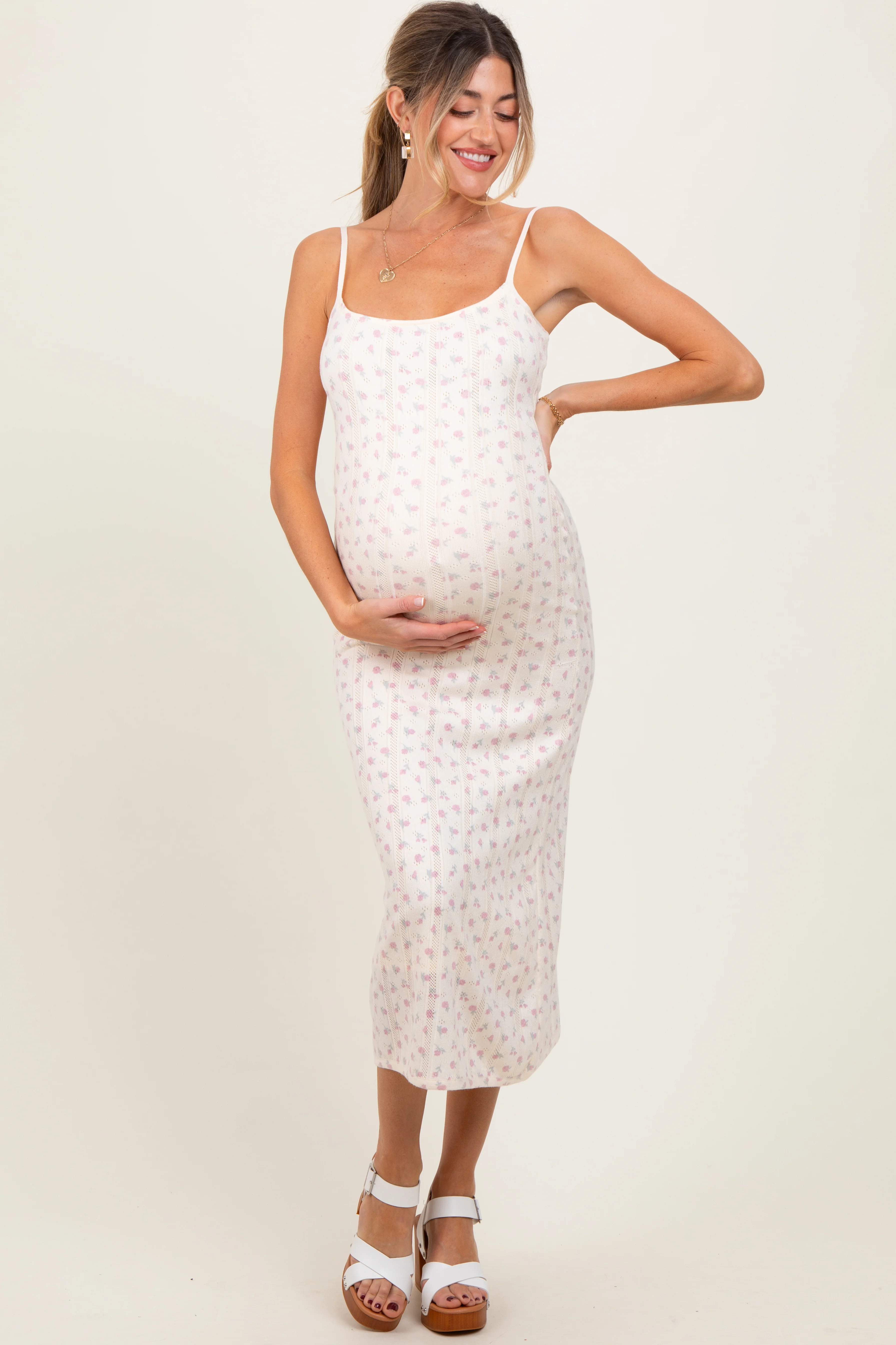 Ivory Floral Pointelle Knit Maternity Midi Dress - Image 2