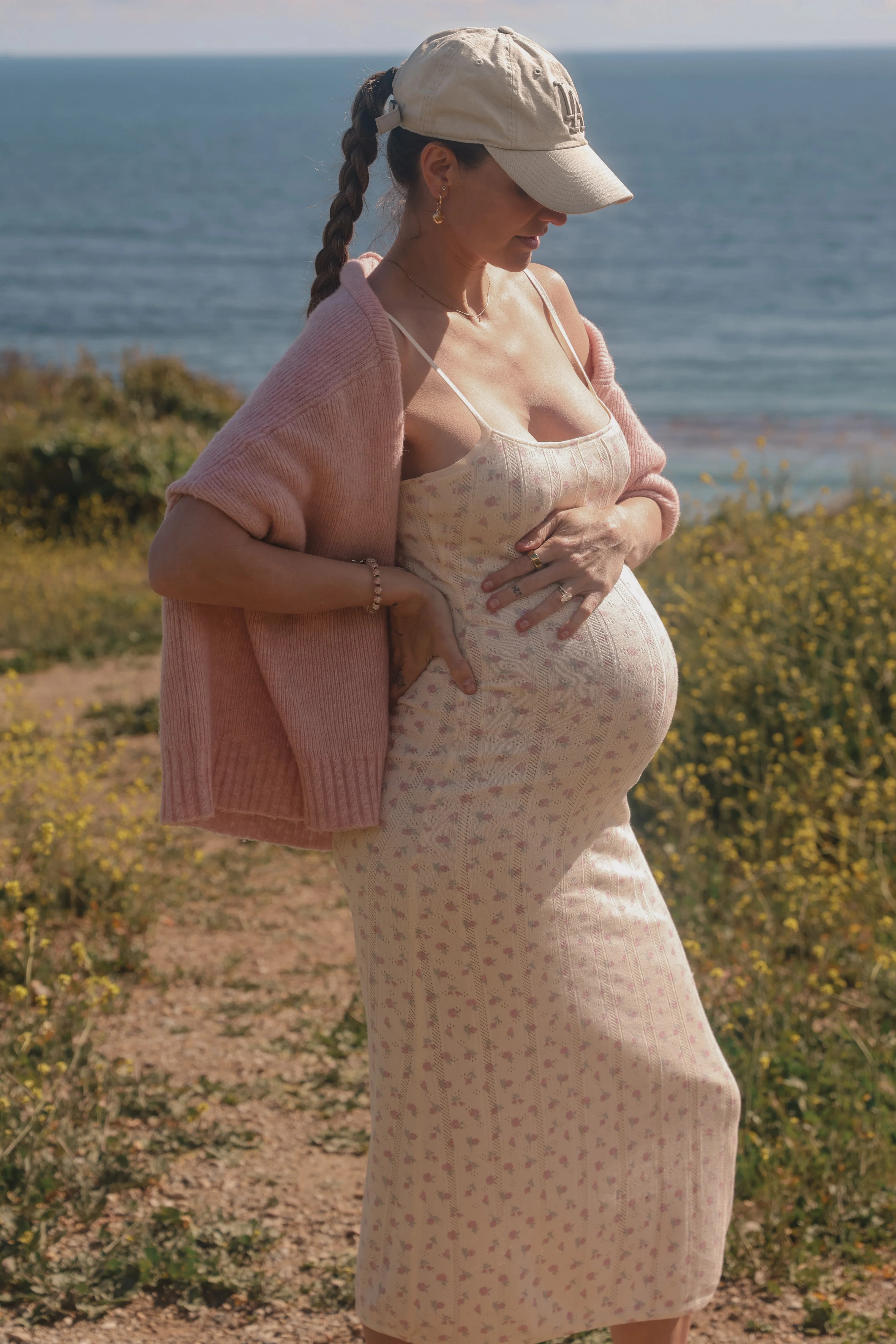 Ivory Floral Pointelle Knit Maternity Midi Dress - Image 5
