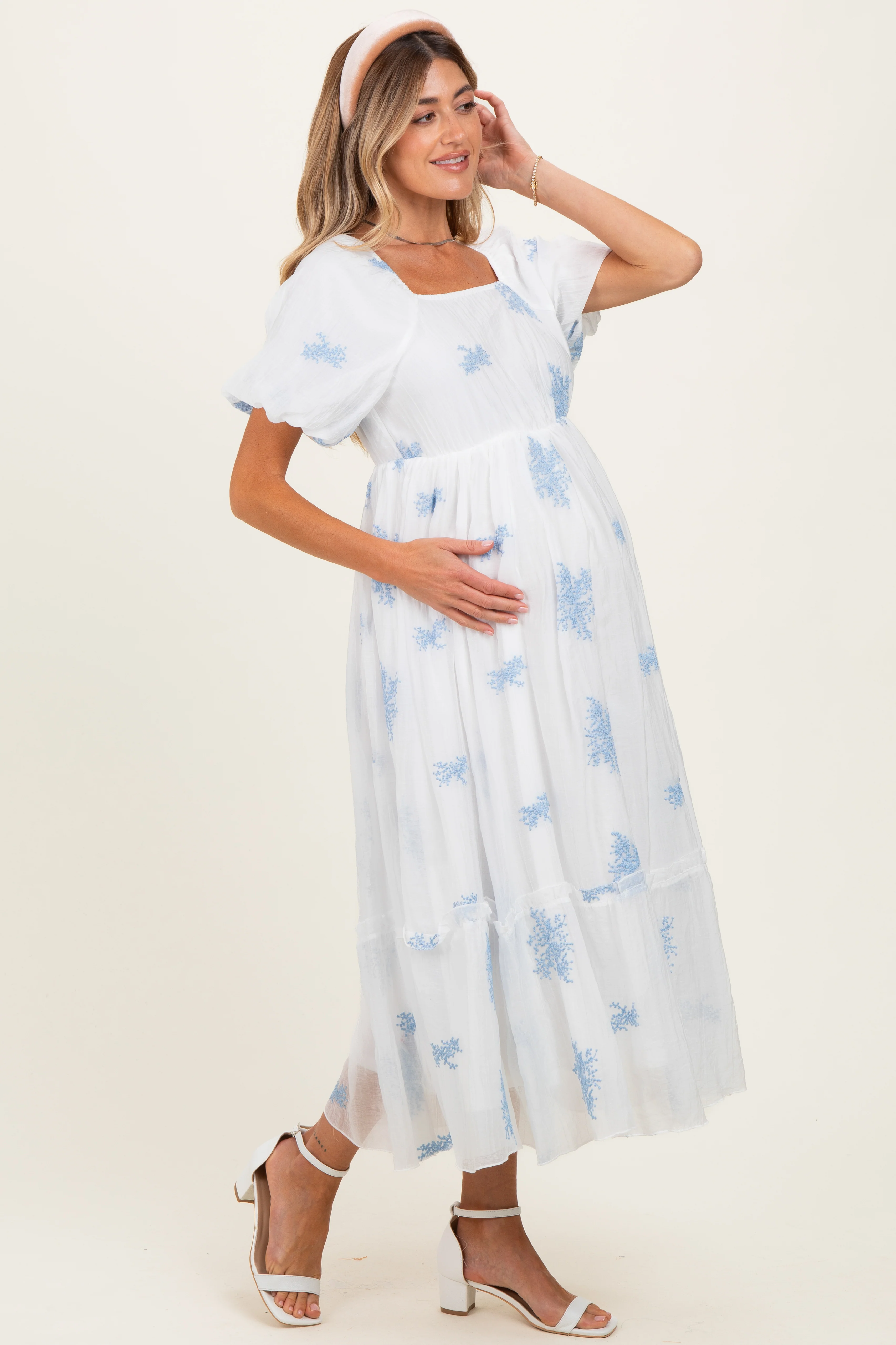 Ivory Floral Print Ruffle Hem Maternity Midi Dress - Image 2