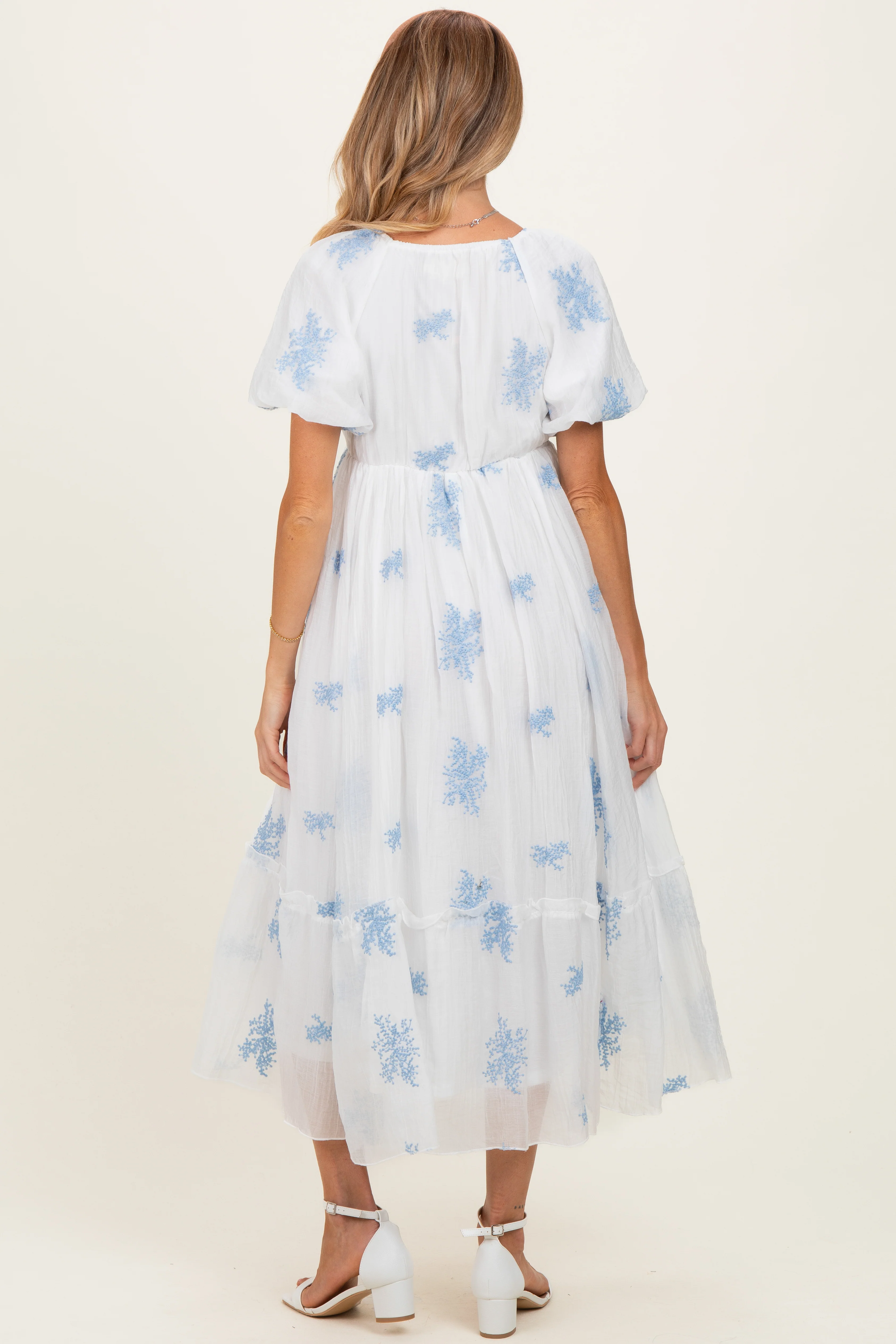 Ivory Floral Print Ruffle Hem Maternity Midi Dress - Image 3