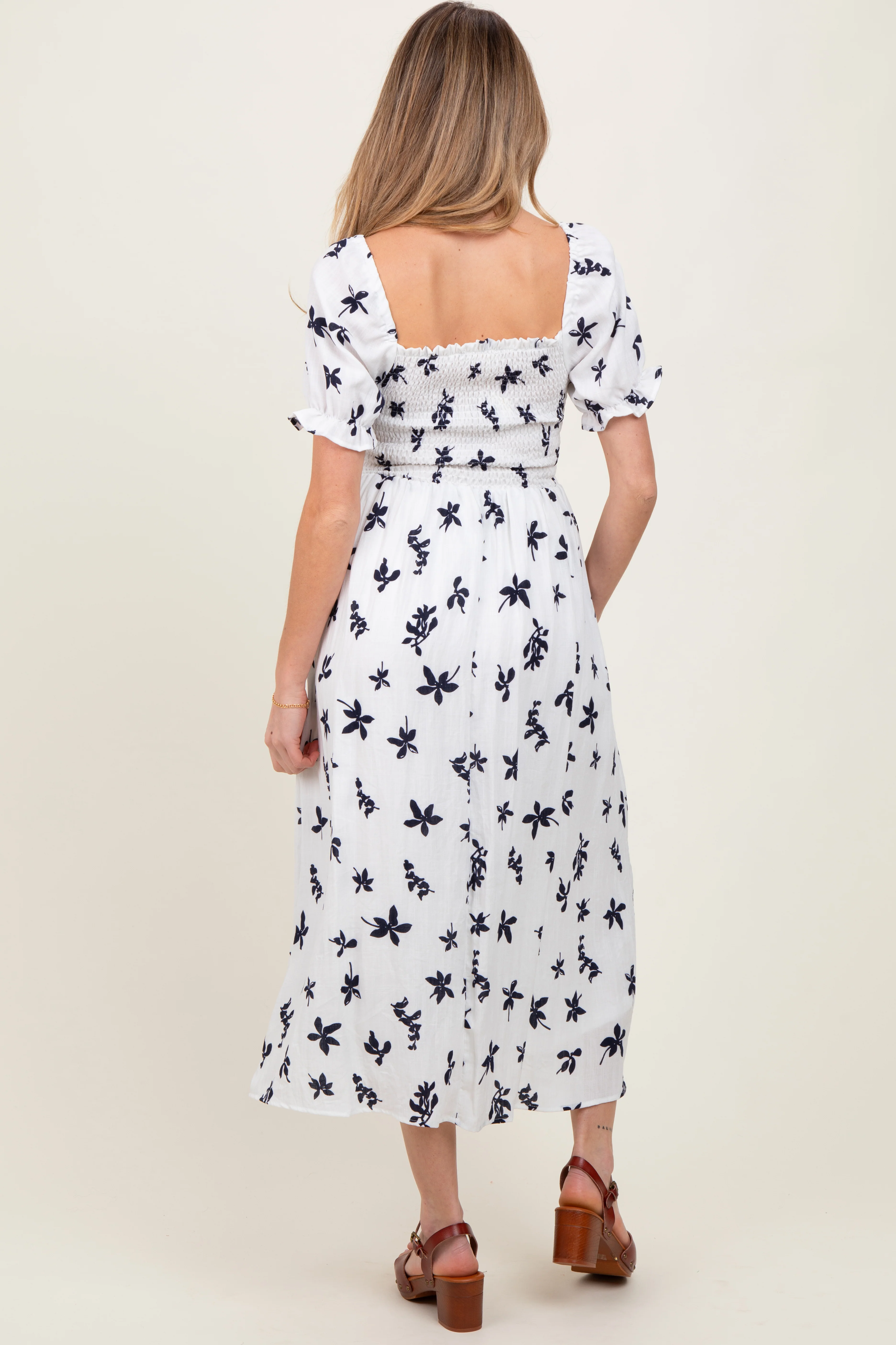 Ivory Floral Puff Sleeve Maternity Midi Dress - Image 3