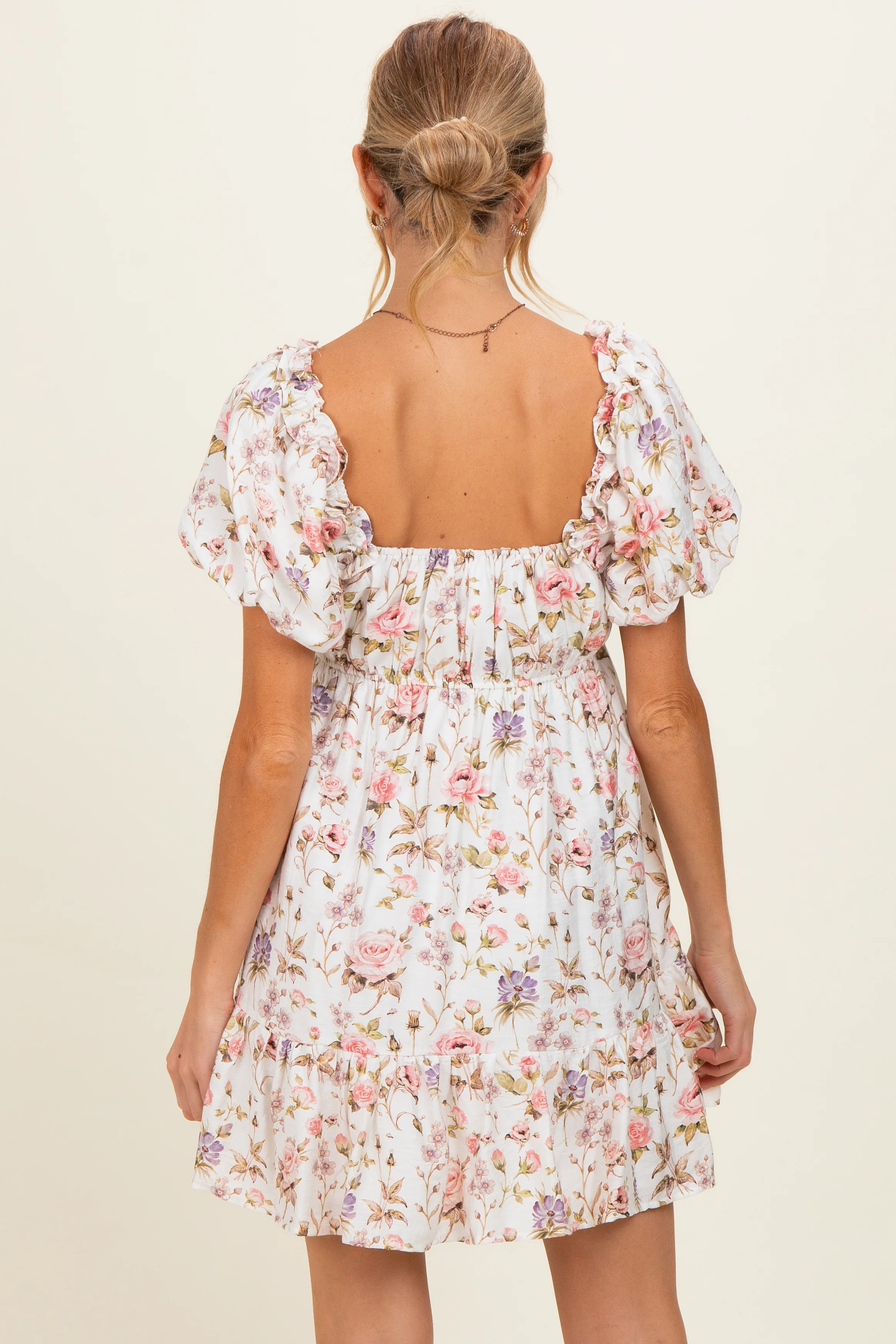 Ivory Floral Puff Sleeve Maternity Mini Dress - Image 4
