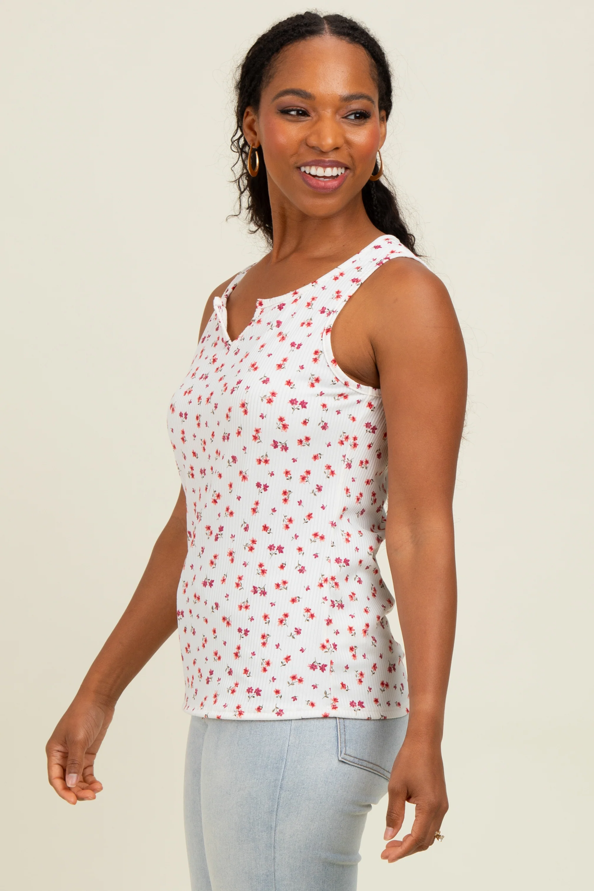 Ivory Floral Ribbed Split Neck Tank Top - Image 3