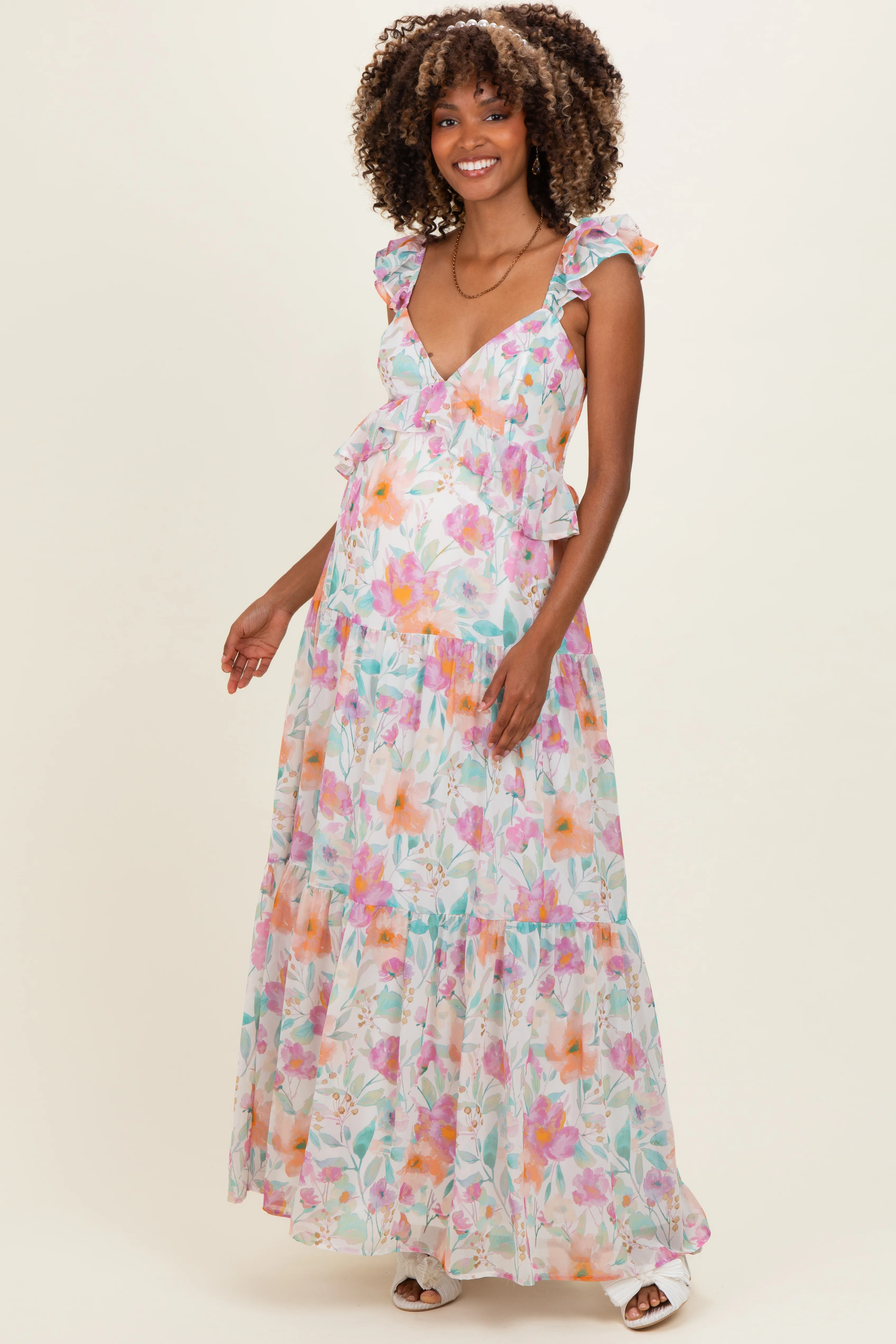 Ivory Floral Ruffle Accent Maternity Maxi Dress