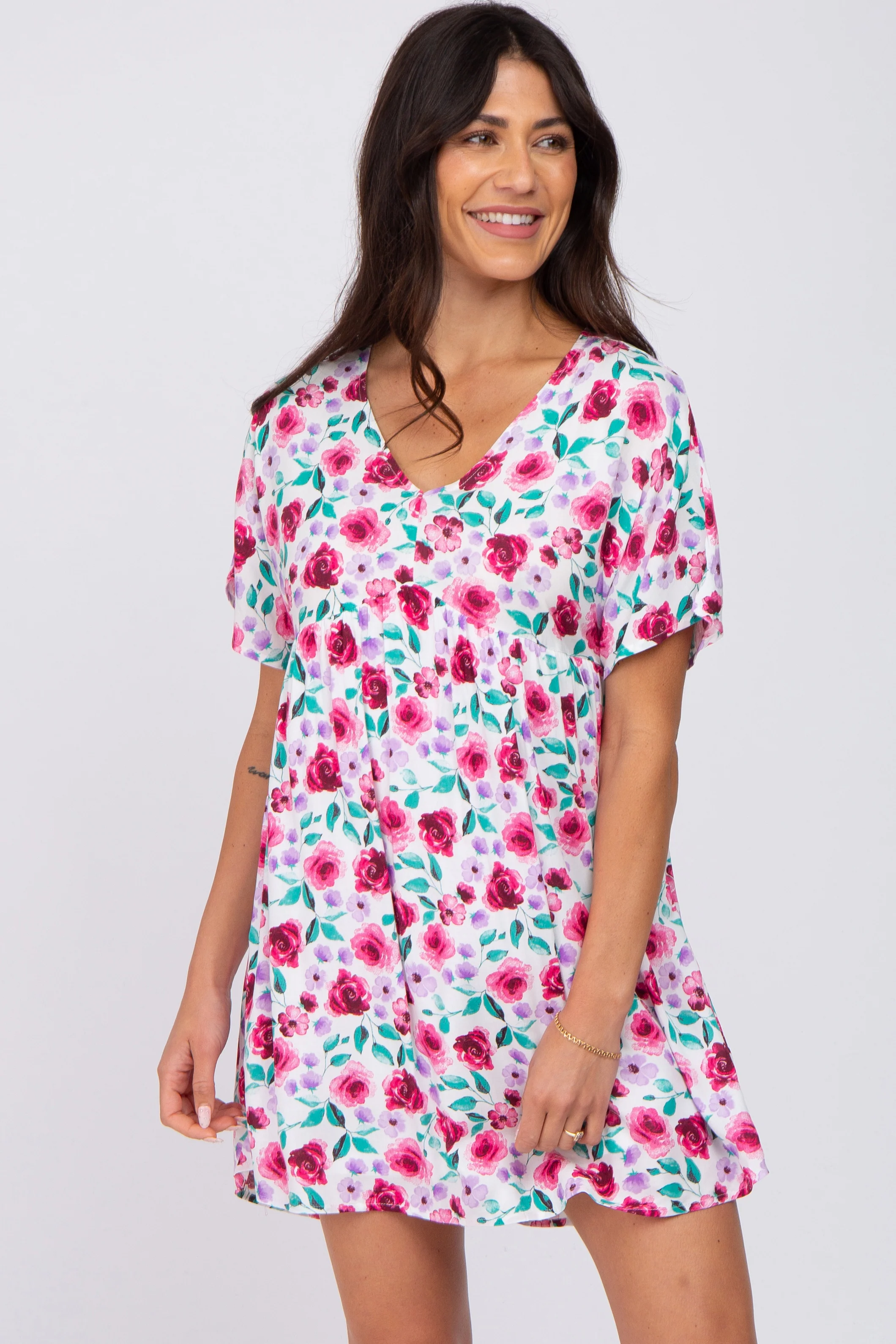 Ivory Floral Short Sleeve Babydoll Maternity Dress - Image 5