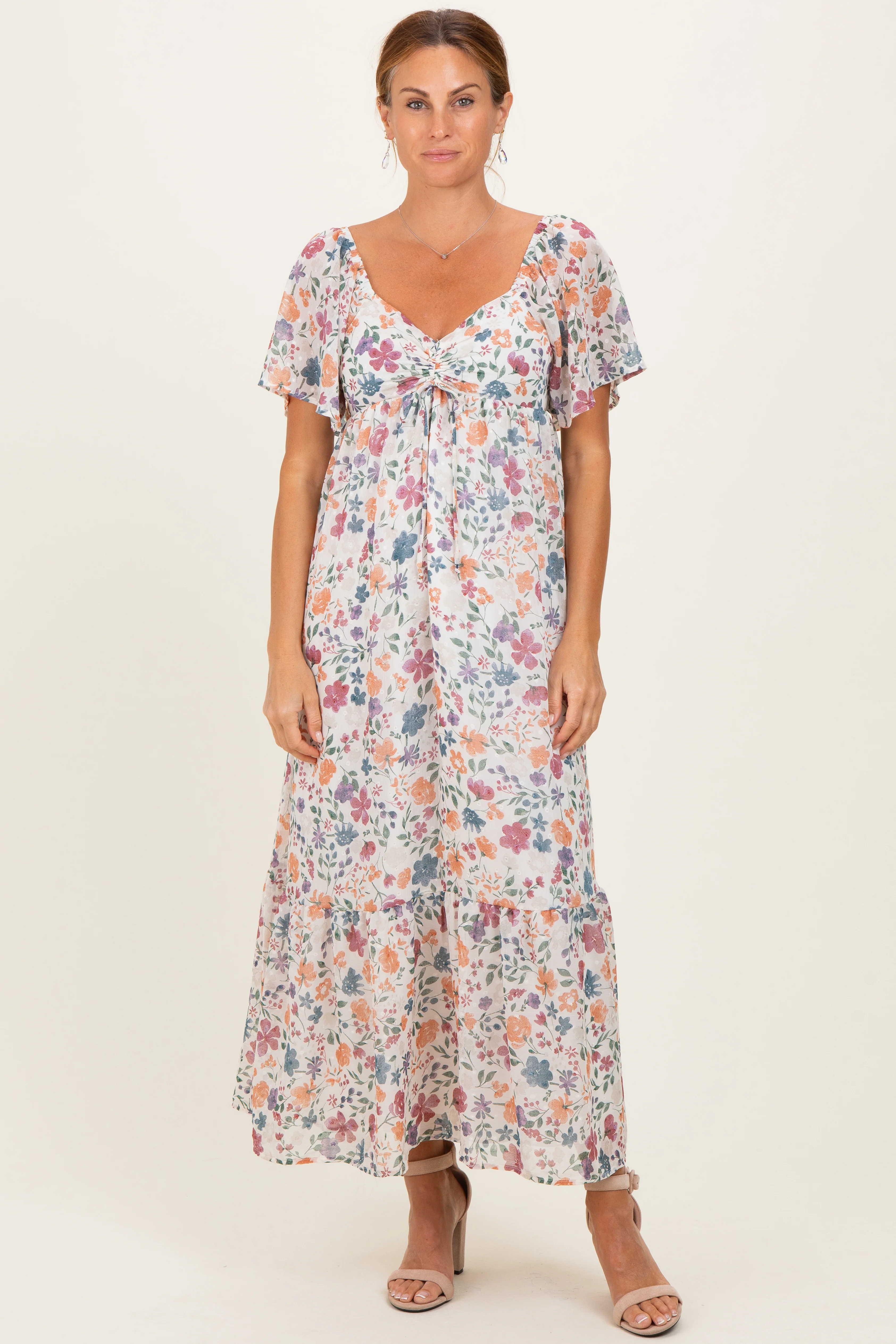 Ivory Floral Short Sleeve Maternity Maxi Dress - Image 5