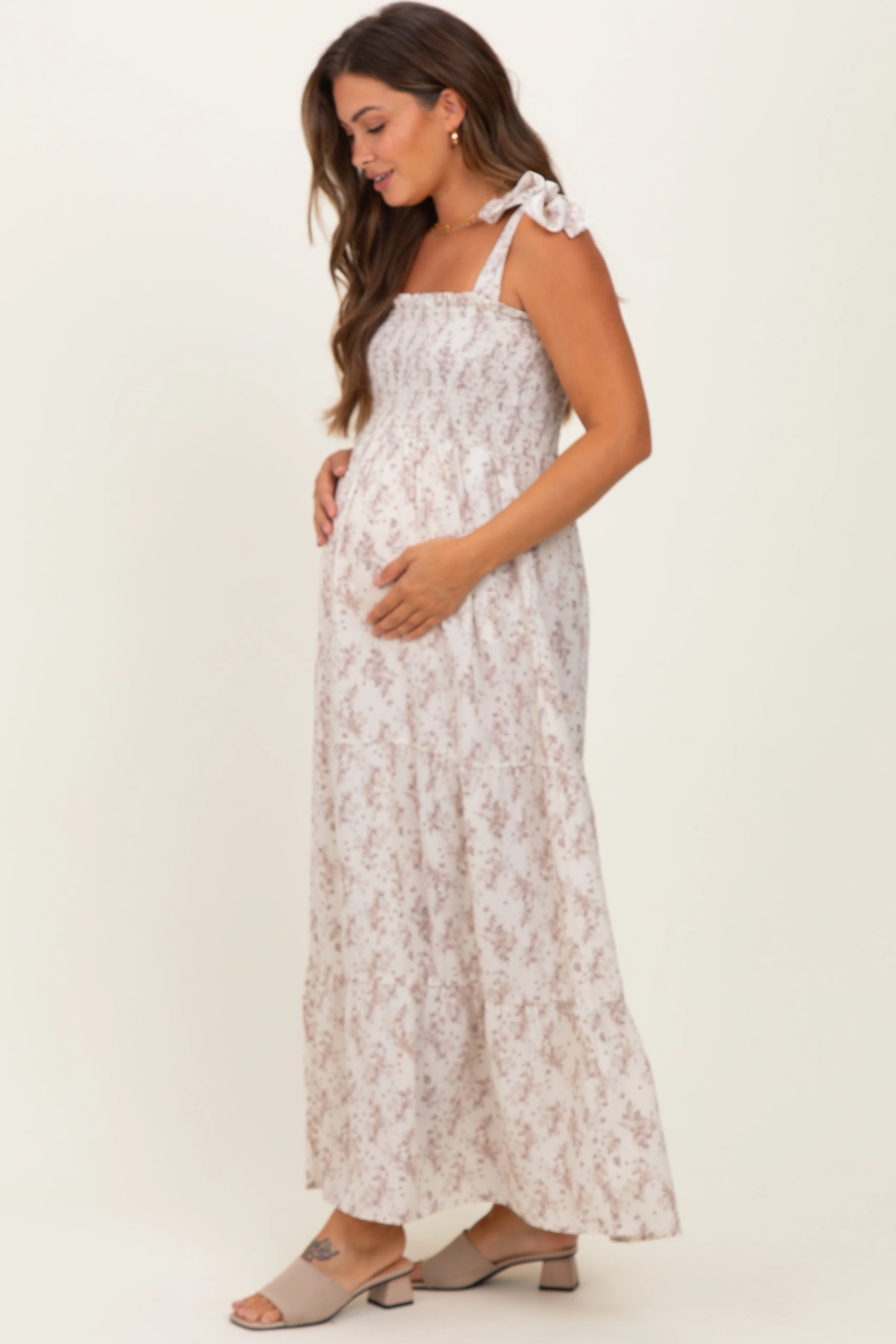 Ivory Floral Shoulder Tie Maternity Maxi Dress - Image 3