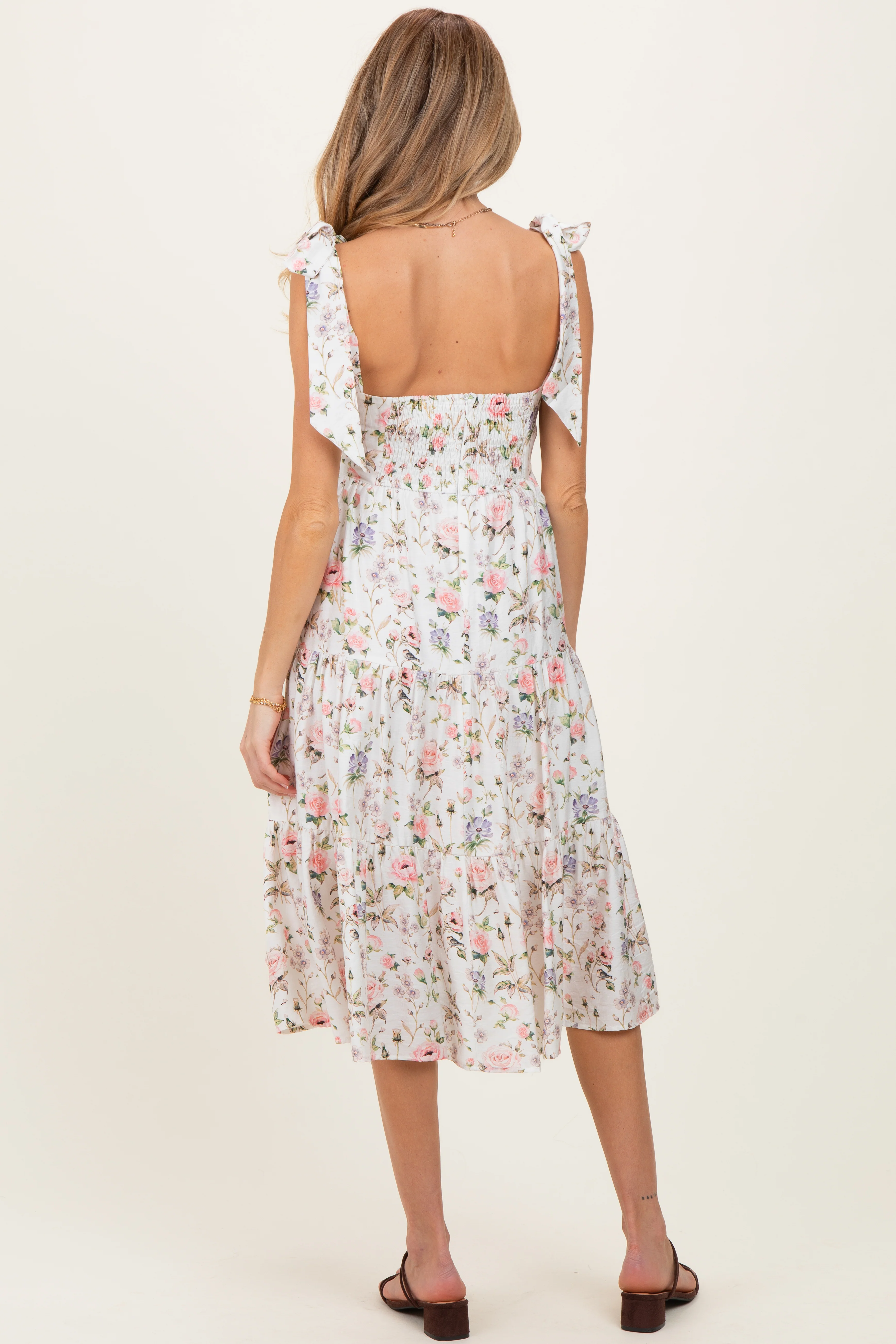 Ivory Floral Shoulder Tie Tiered Maternity Midi Dress - Image 4