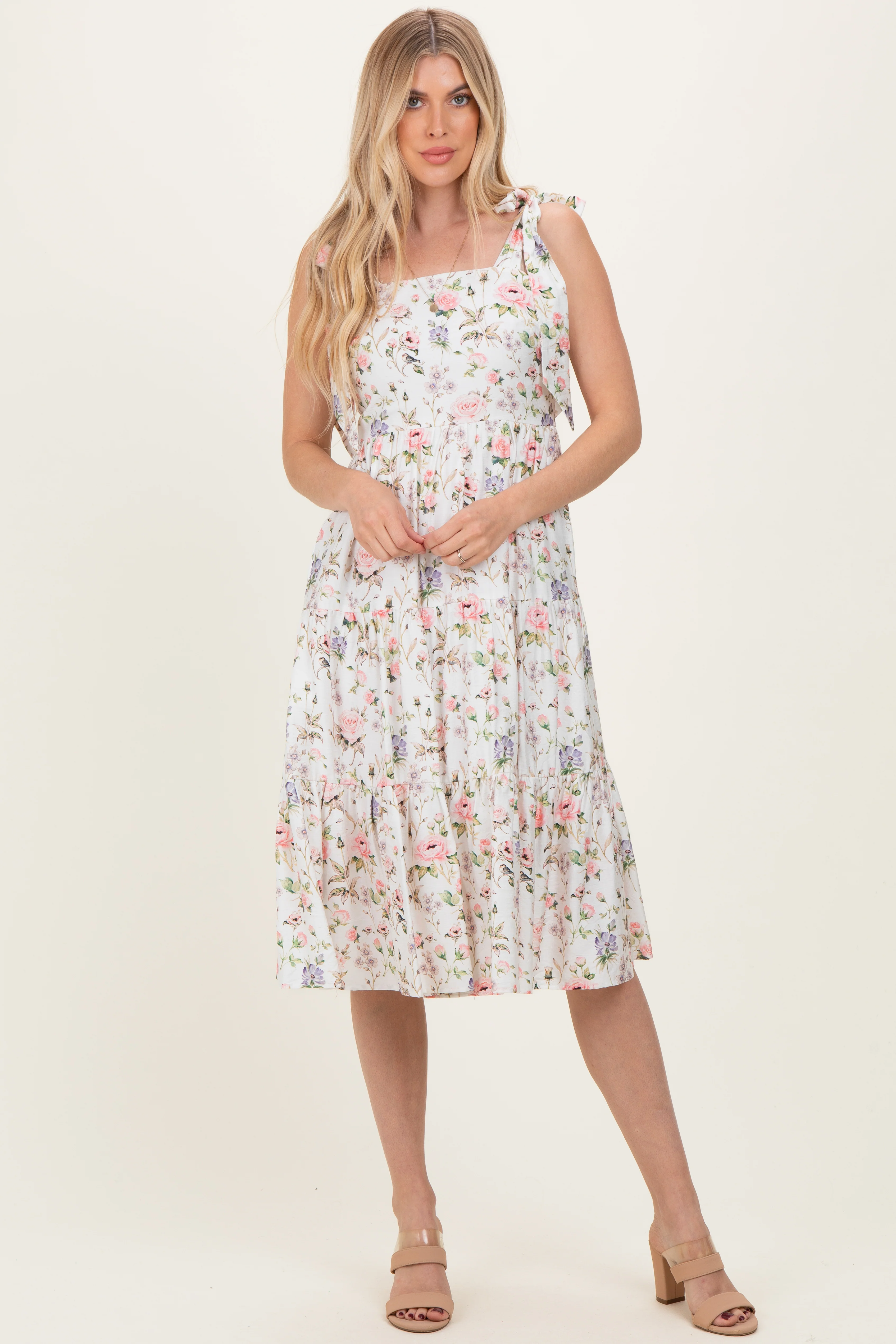 Ivory Floral Shoulder Tie Tiered Midi Dress - Image 3