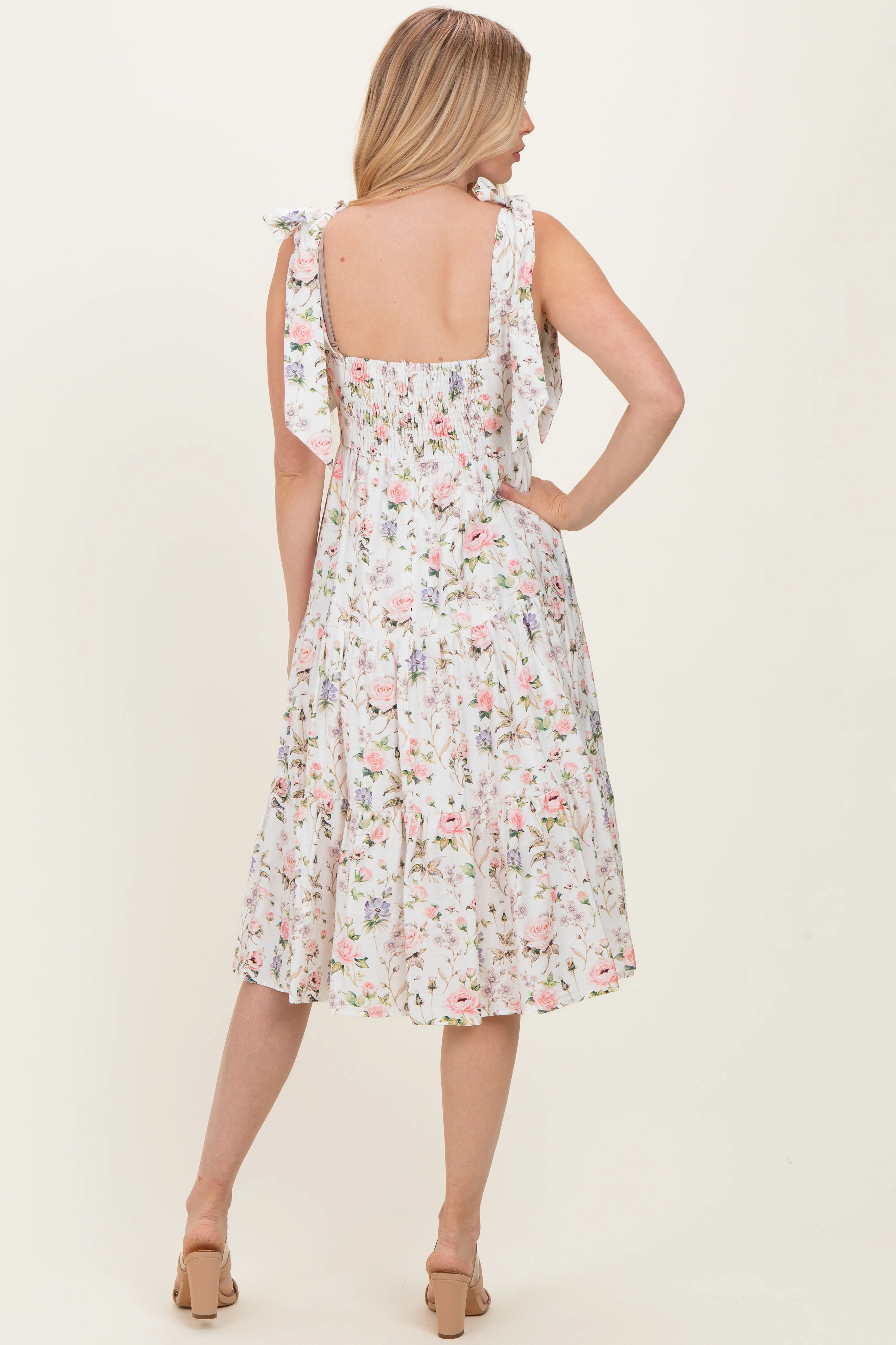 Ivory Floral Shoulder Tie Tiered Midi Dress - Image 4