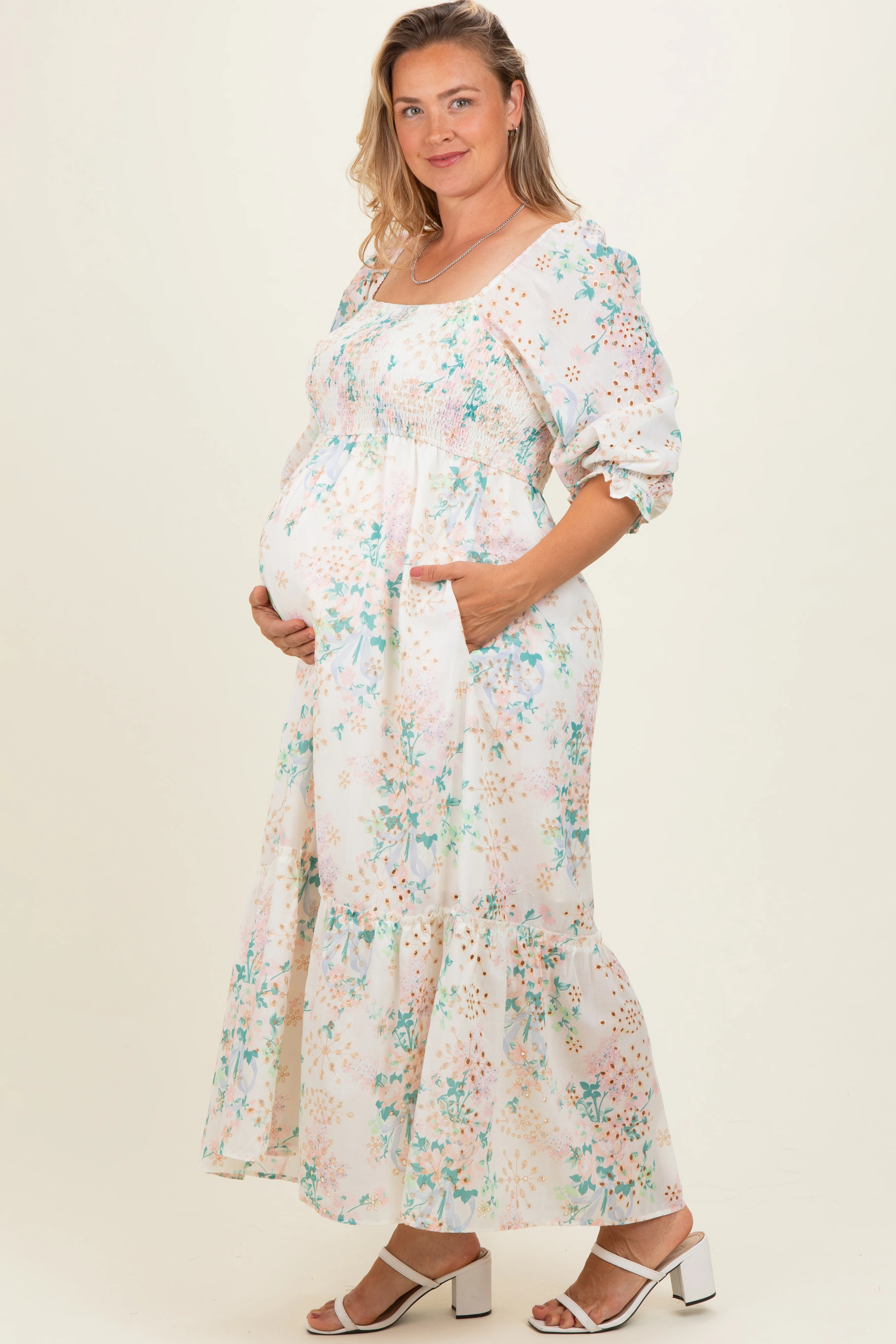 Ivory Floral Smocked 3/4 Sleeve Maternity Plus Maxi Dress - Image 3