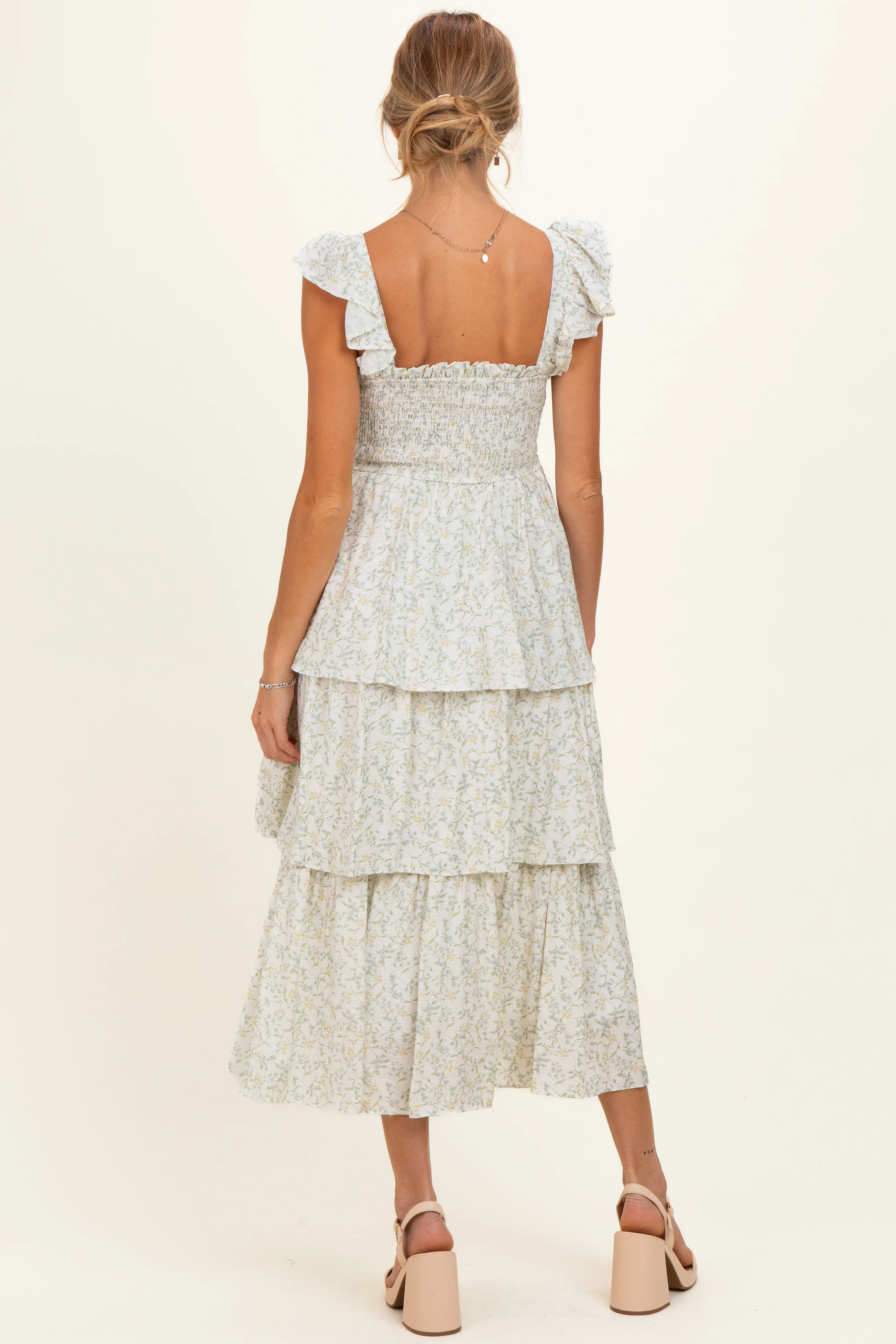 Ivory Floral Smocked Flowy Tier Maternity Midi Dress - Image 3