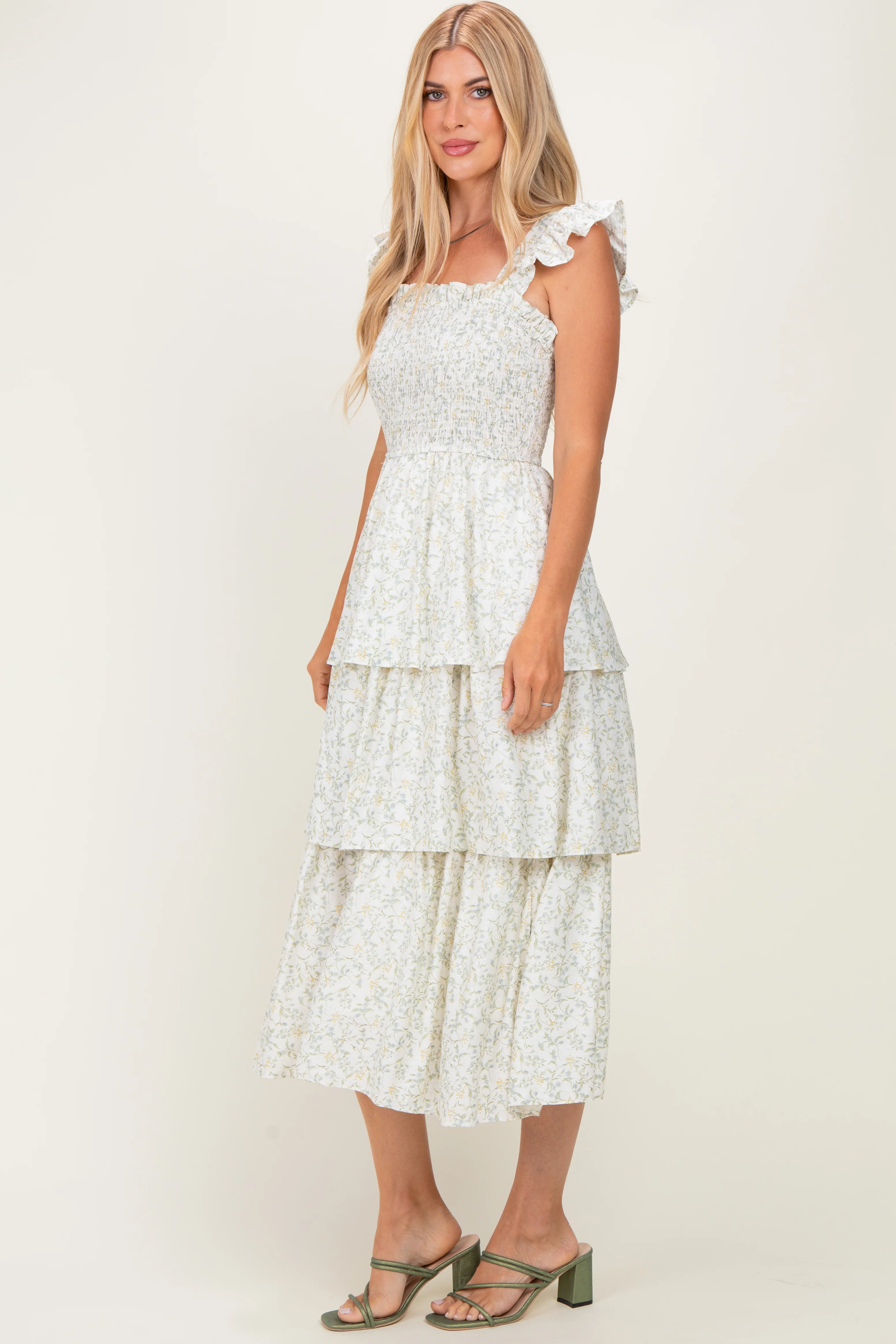 Ivory Floral Smocked Flowy Tier Midi Dress - Image 2