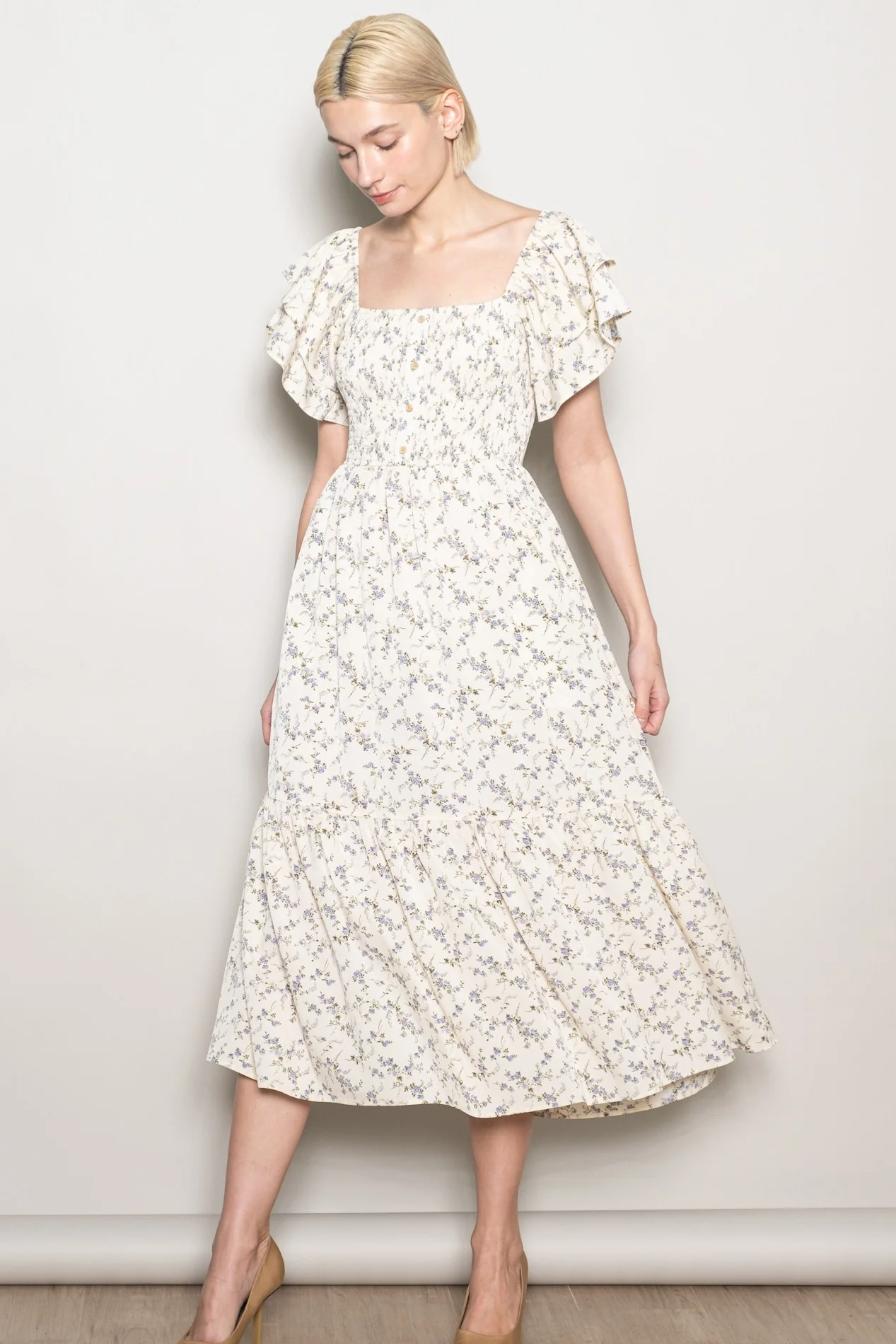 Ivory Floral Smocked Flutter Sleeve Midi Dress - Image 2