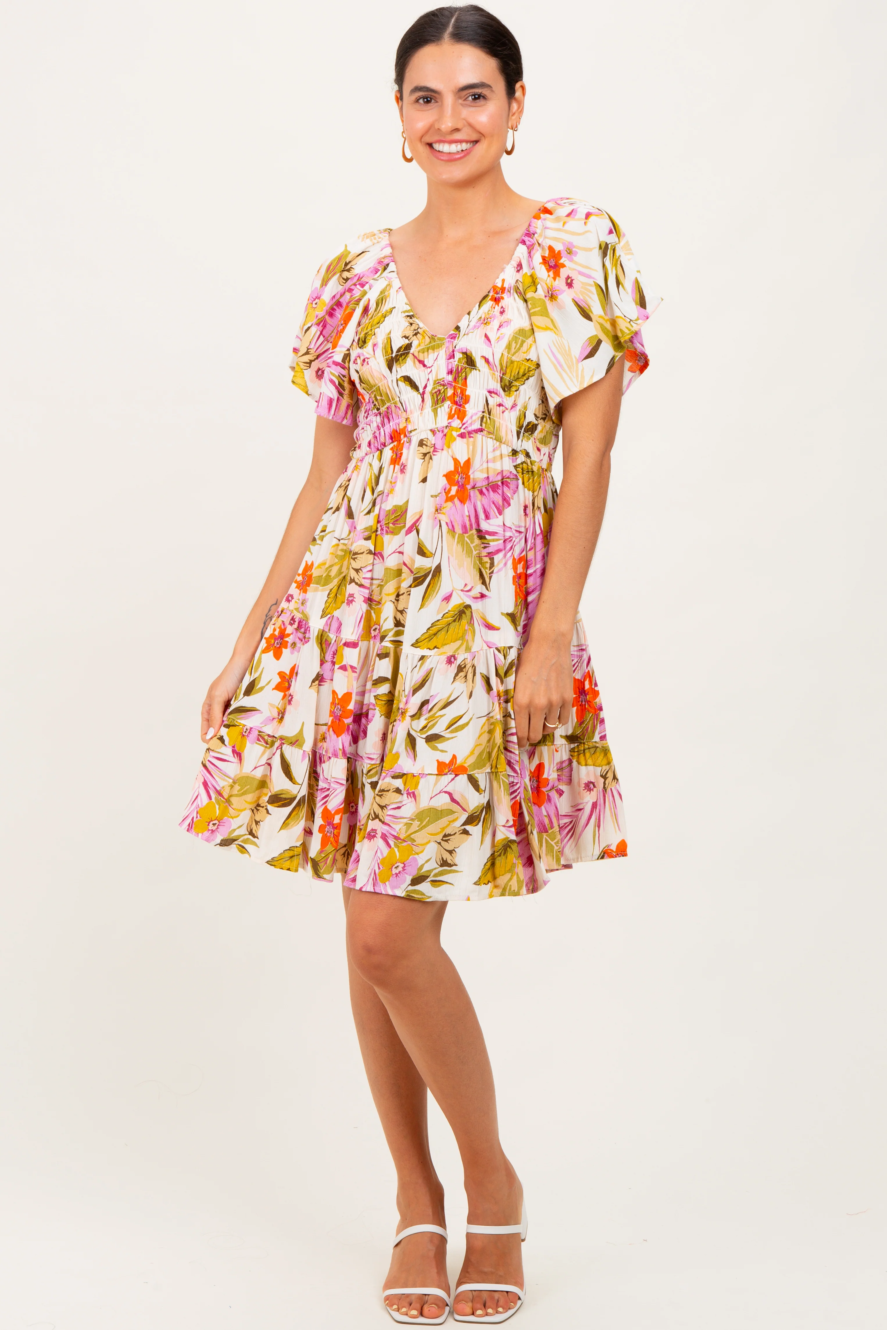 Ivory Floral Smocked Front Tiered Maternity Dress - Image 5