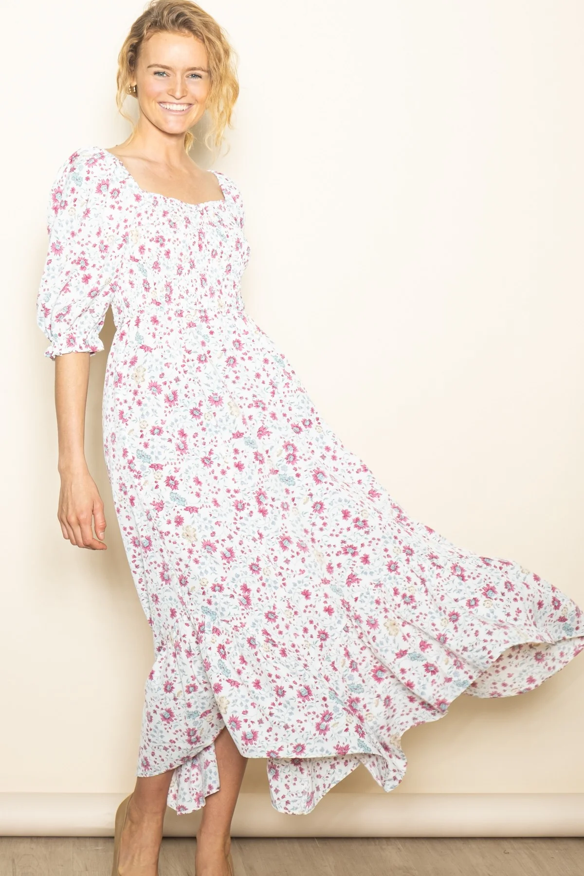 Ivory Floral Smocked Handkerchief Hem Maxi Dress