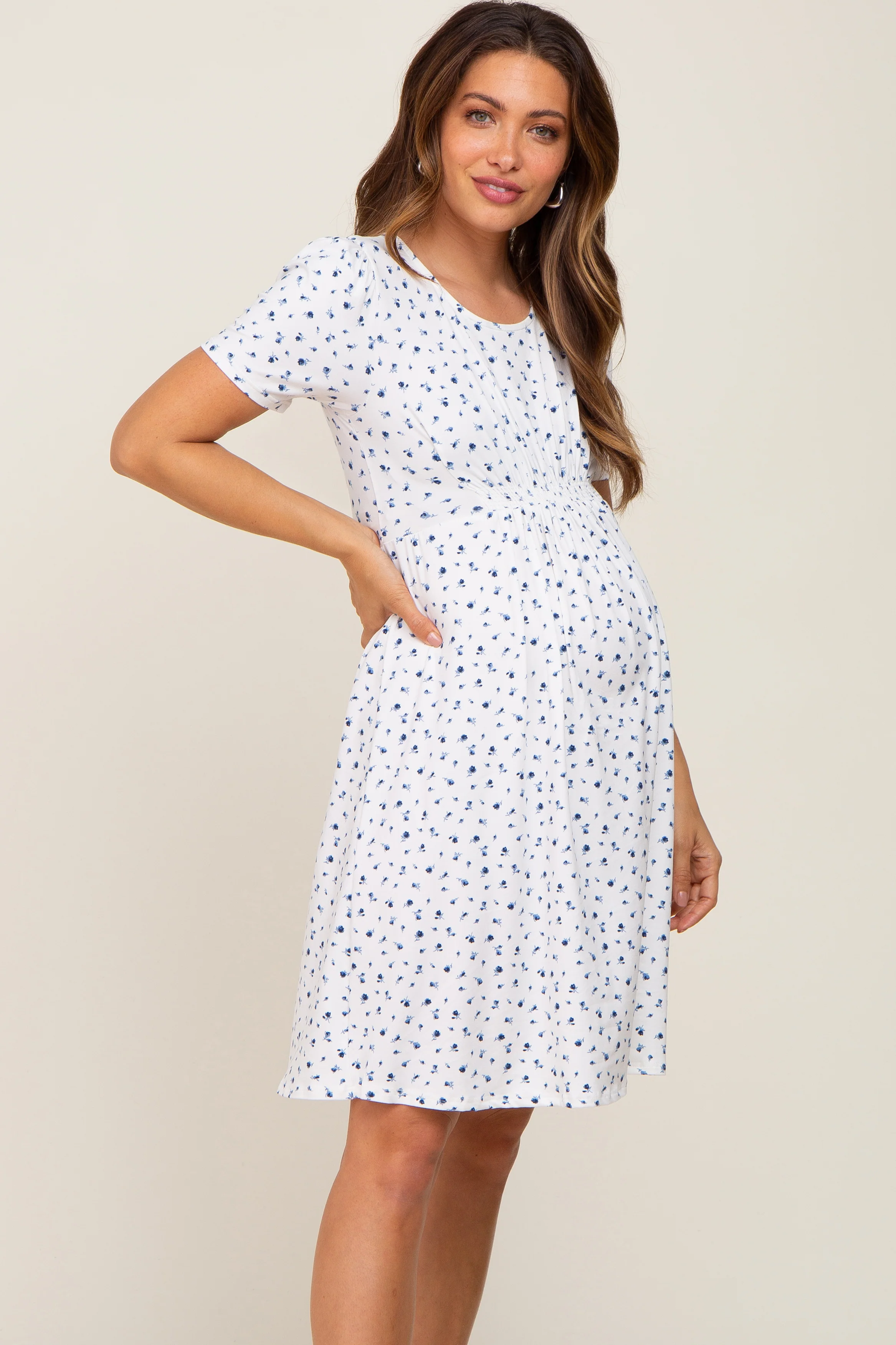 Ivory Floral Smocked Short Sleeve Maternity Dress - Image 2
