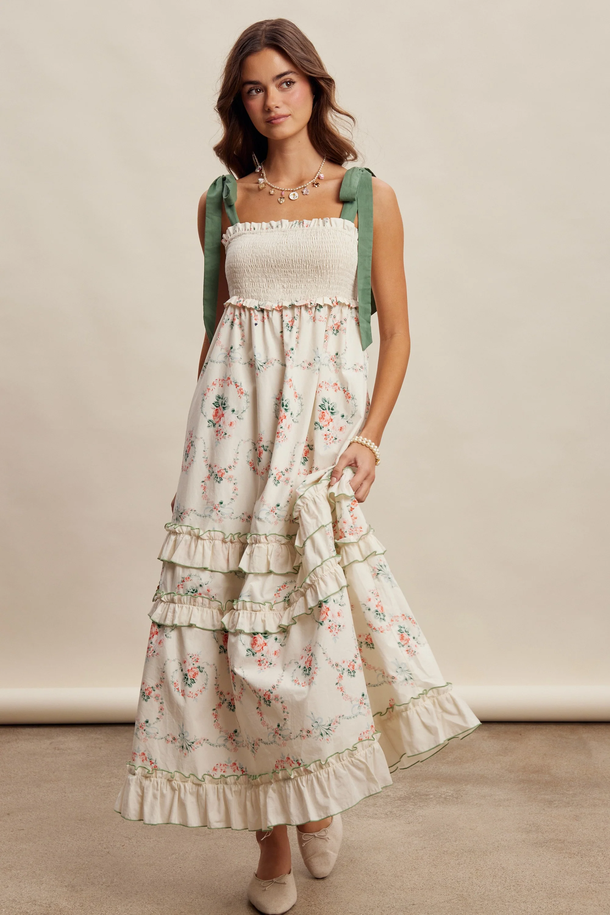 Ivory Floral Smocked Shoulder Tie Tiered Maxi Dress