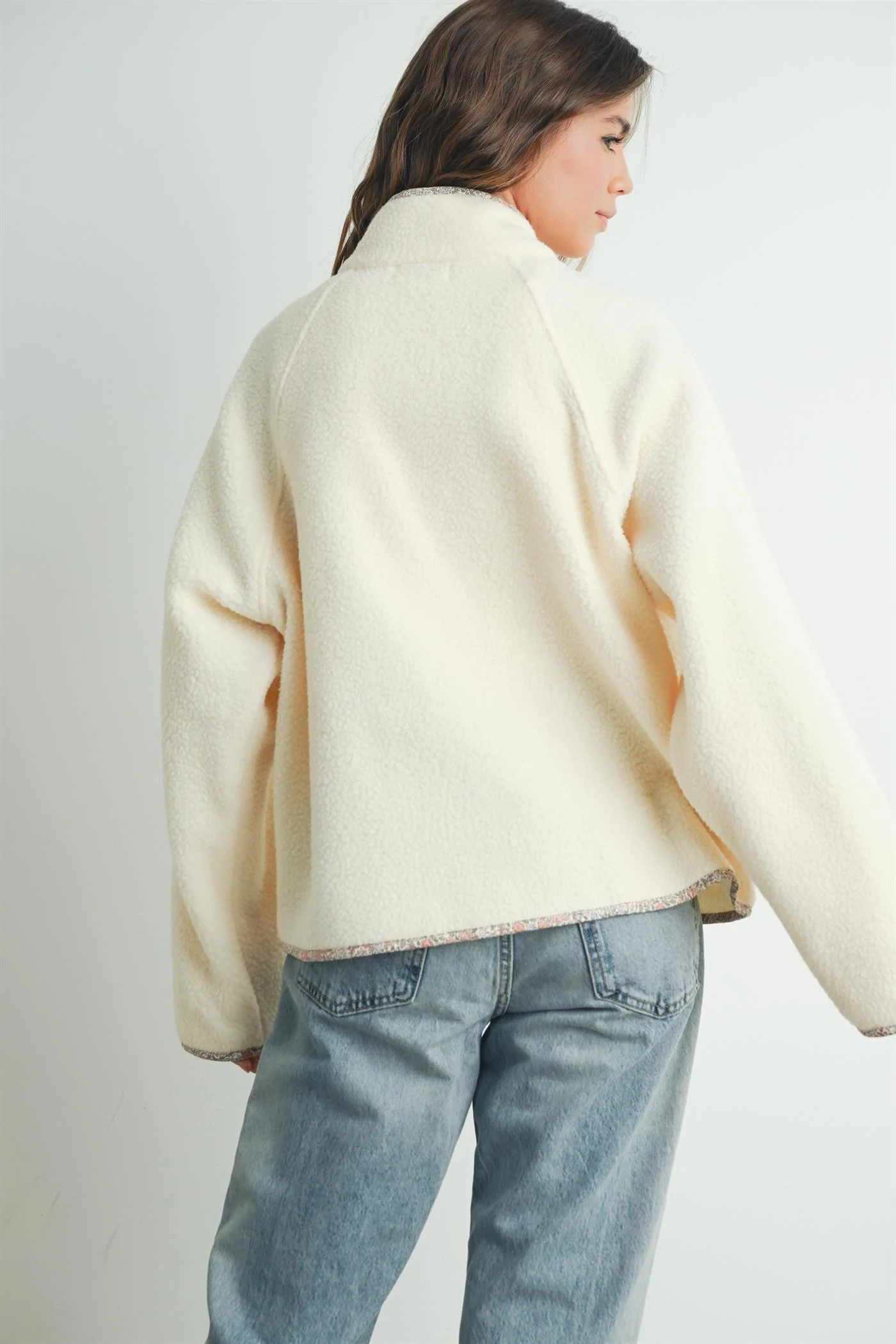 Ivory Floral Trim Fleece Snap Button Jacket - Image 4