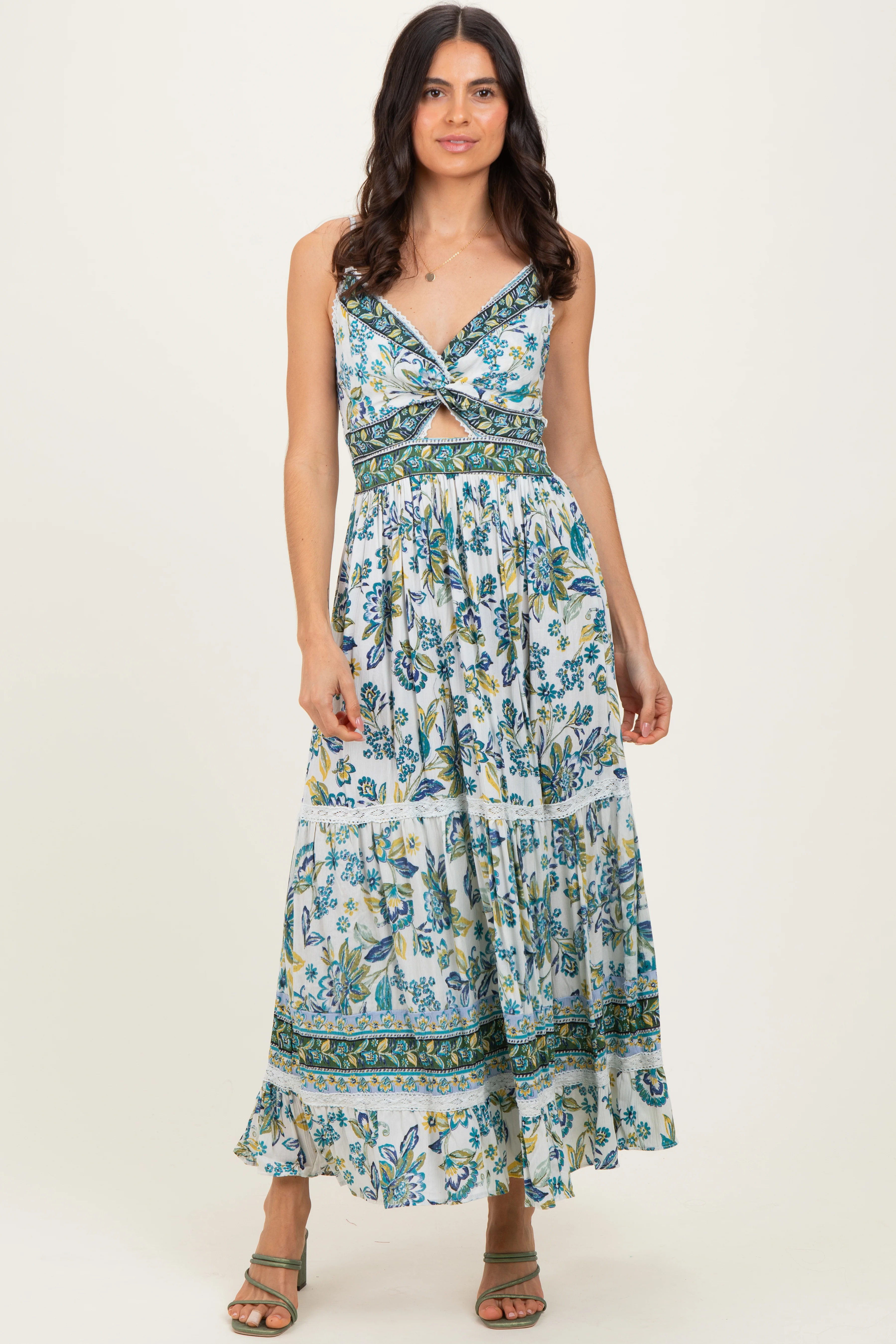 Ivory Floral Twisted Front Lace Detail Maxi Dress - Image 2