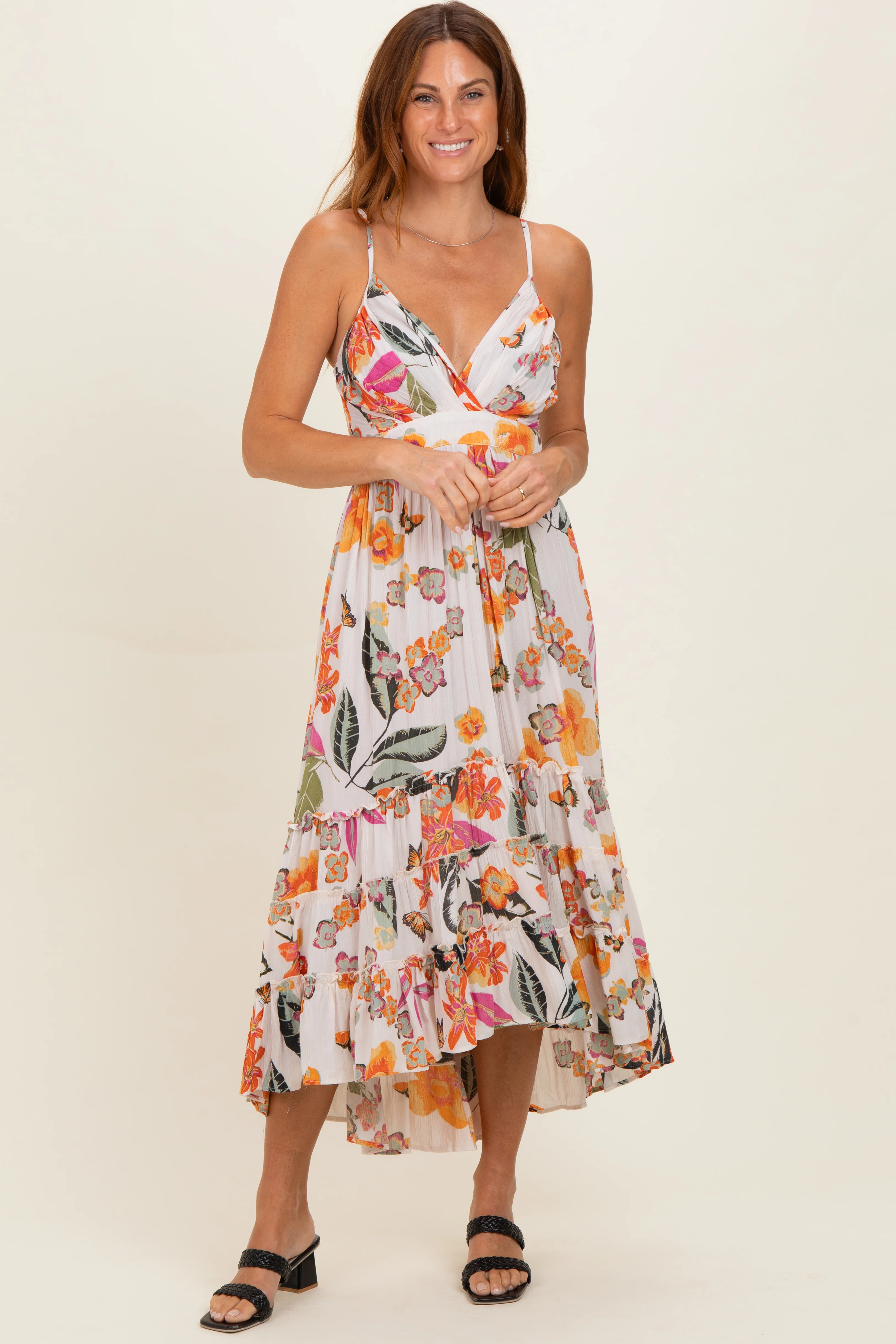 Ivory Floral V-Neck Tiered Hem Maternity Midi Dress - Image 4