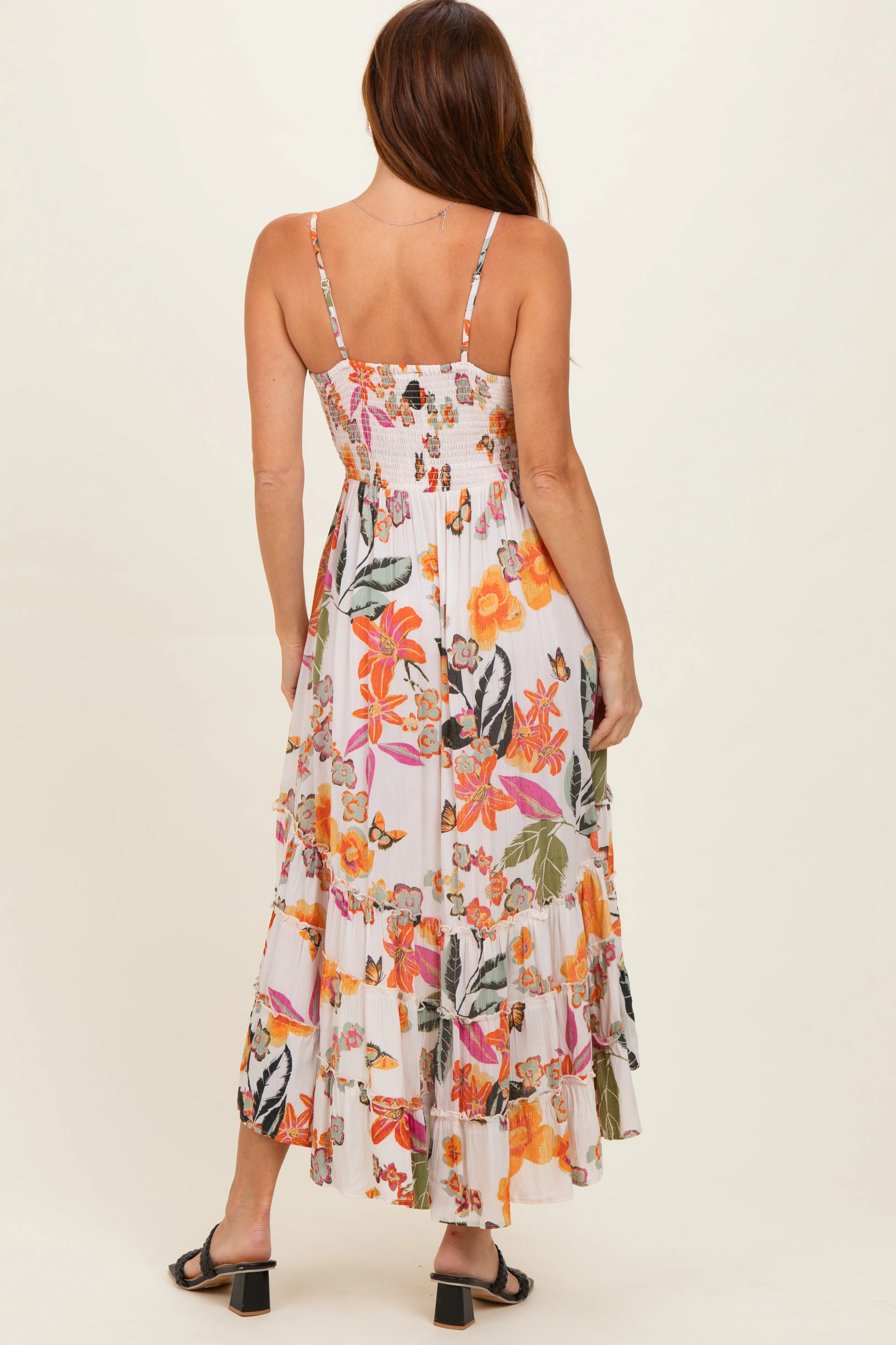 Ivory Floral V-Neck Tiered Hem Midi Dress - Image 3