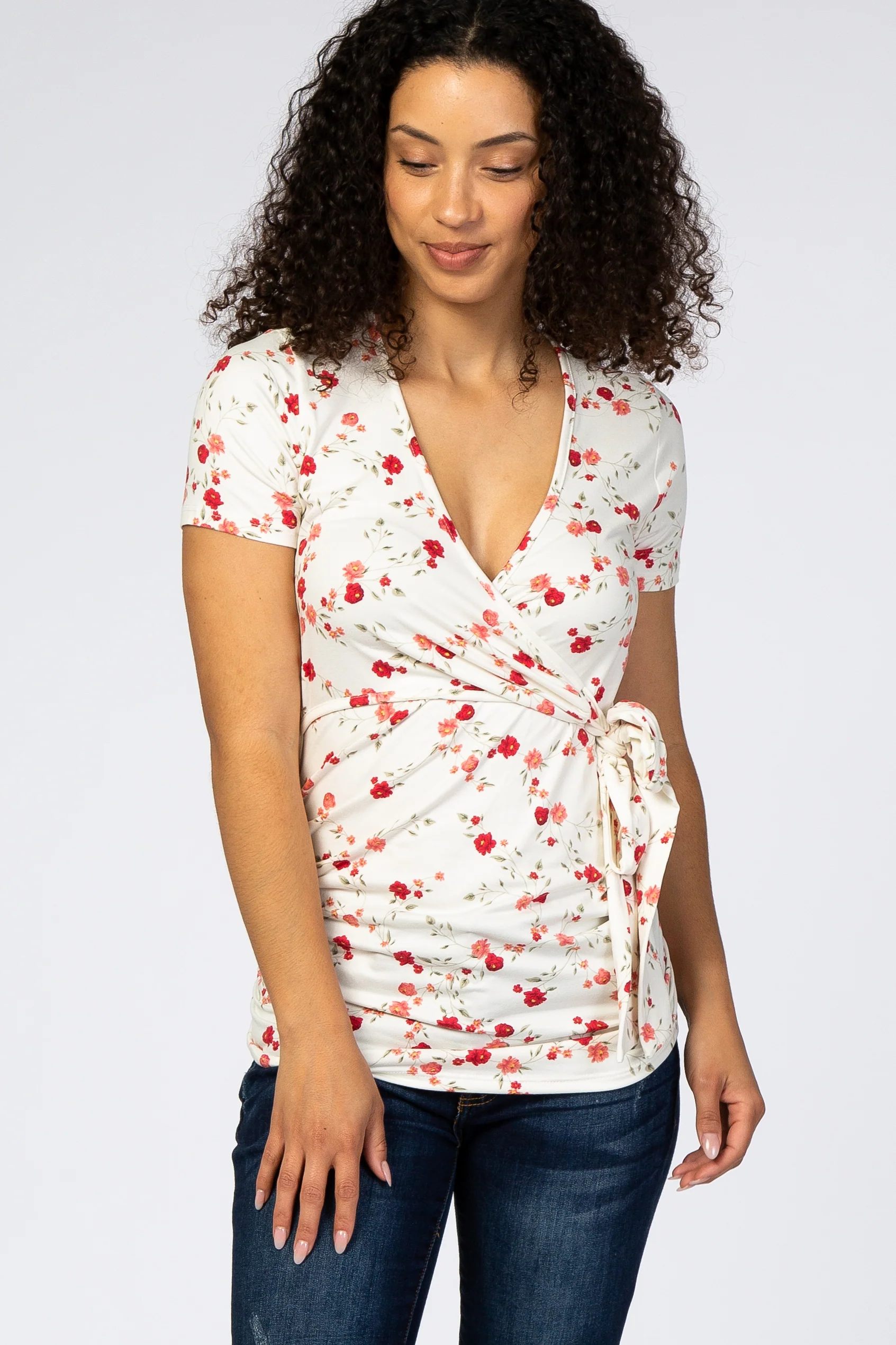 Ivory Floral Wrap Fitted Maternity/Nursing Top - Image 7