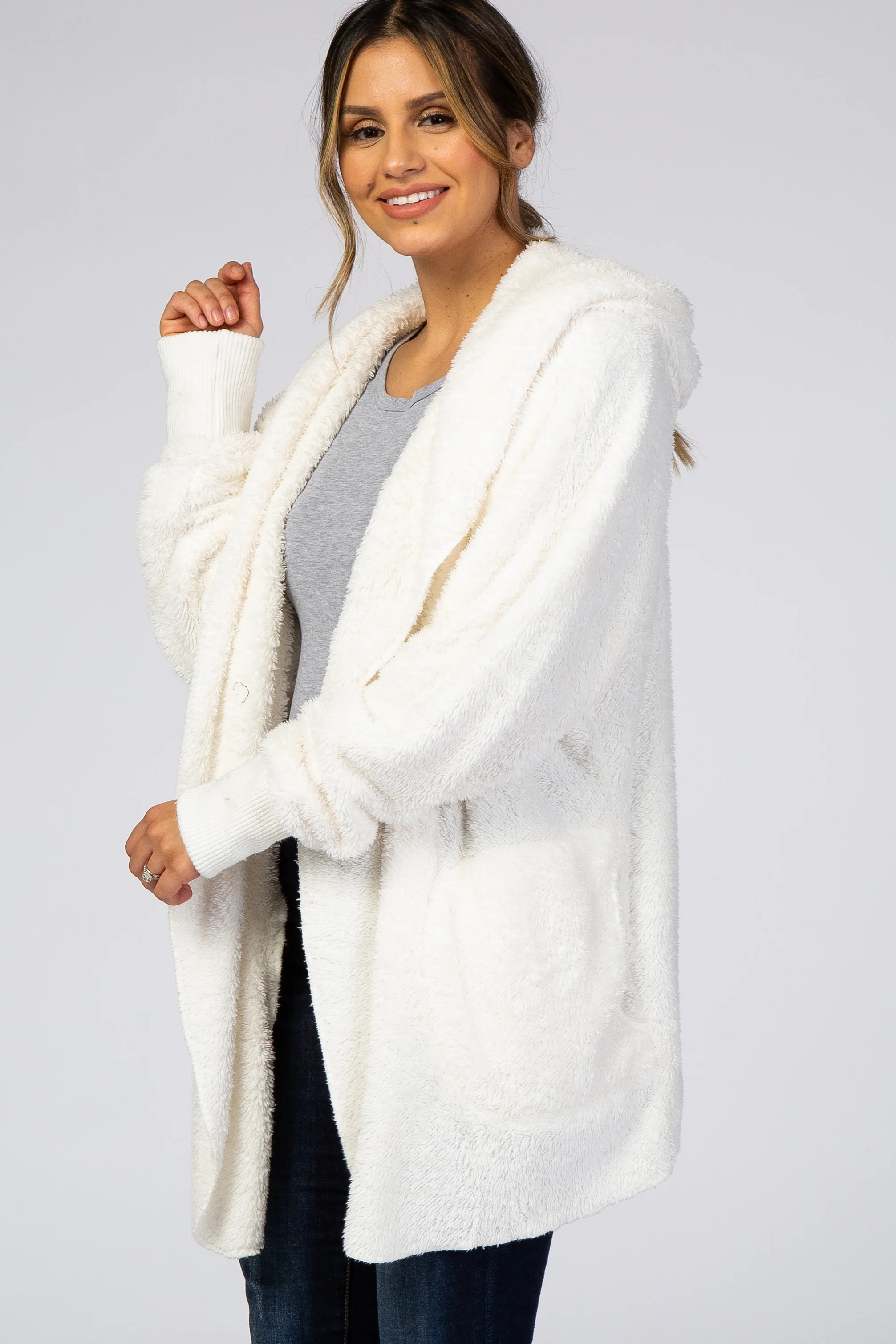 Ivory Fuzzy Hooded Long Sleeve Jacket - Image 2