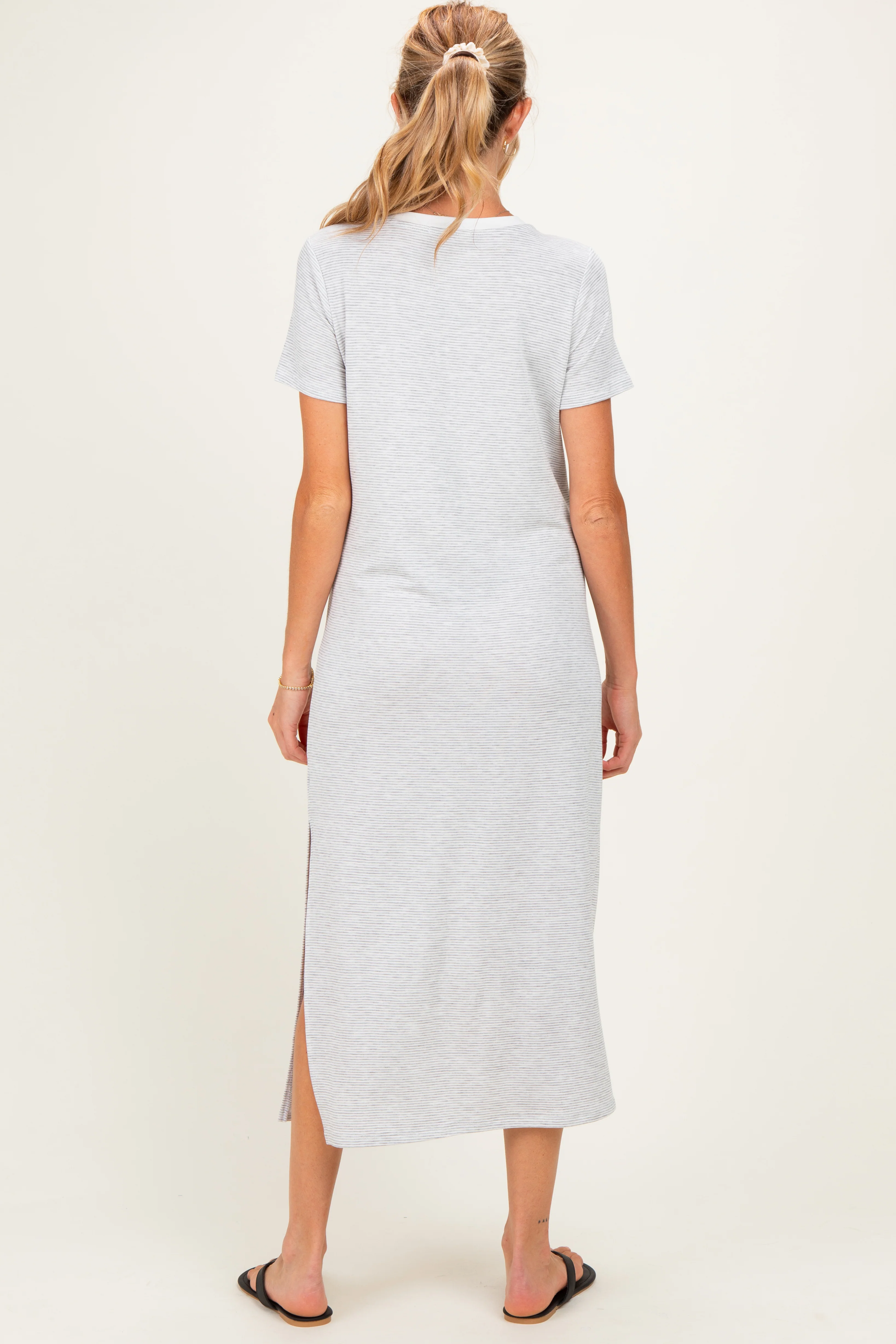 Ivory/ Heather Grey Striped Short Sleeve Maternity Maxi Dress - Image 3