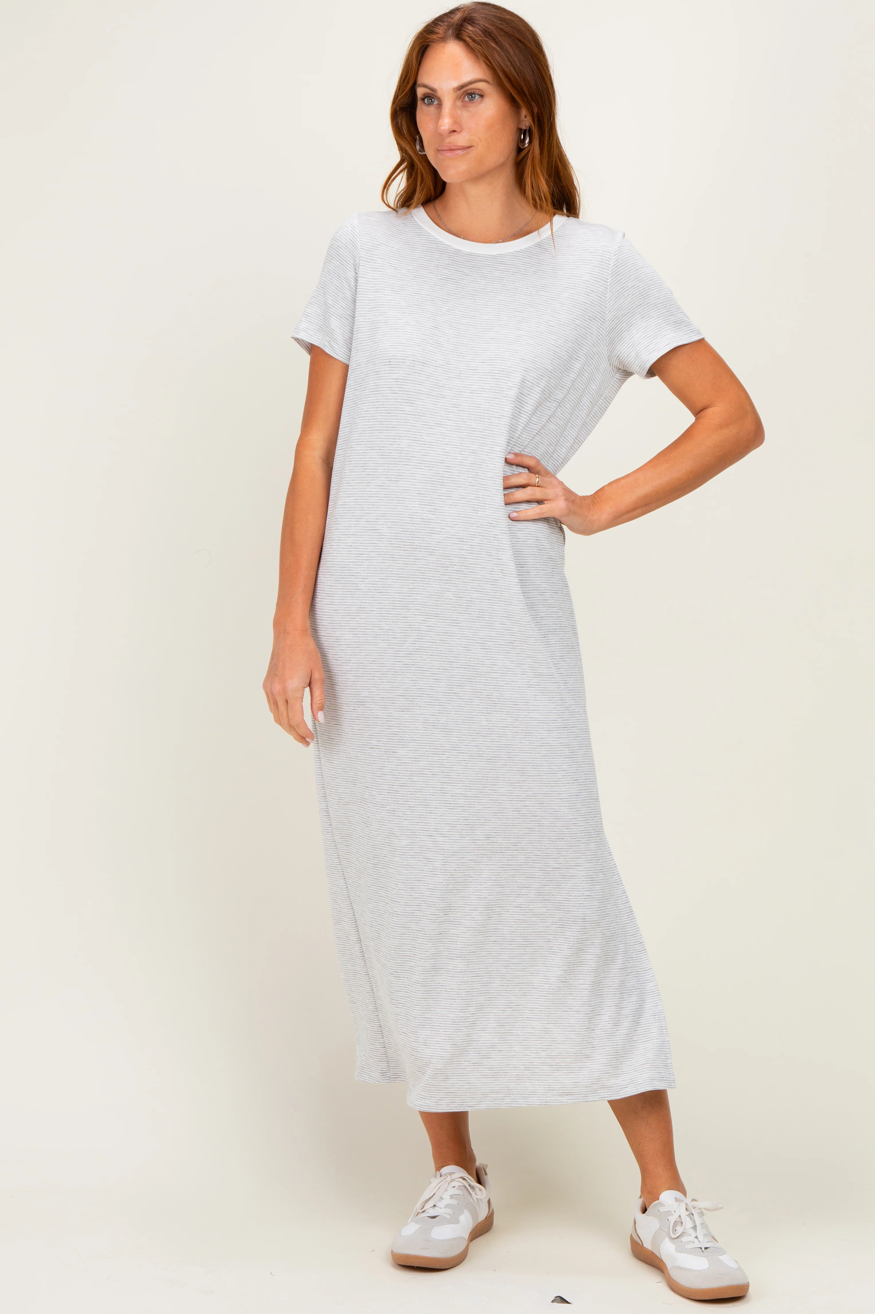 Ivory/ Heather Grey Striped Short Sleeve Maternity Maxi Dress - Image 4