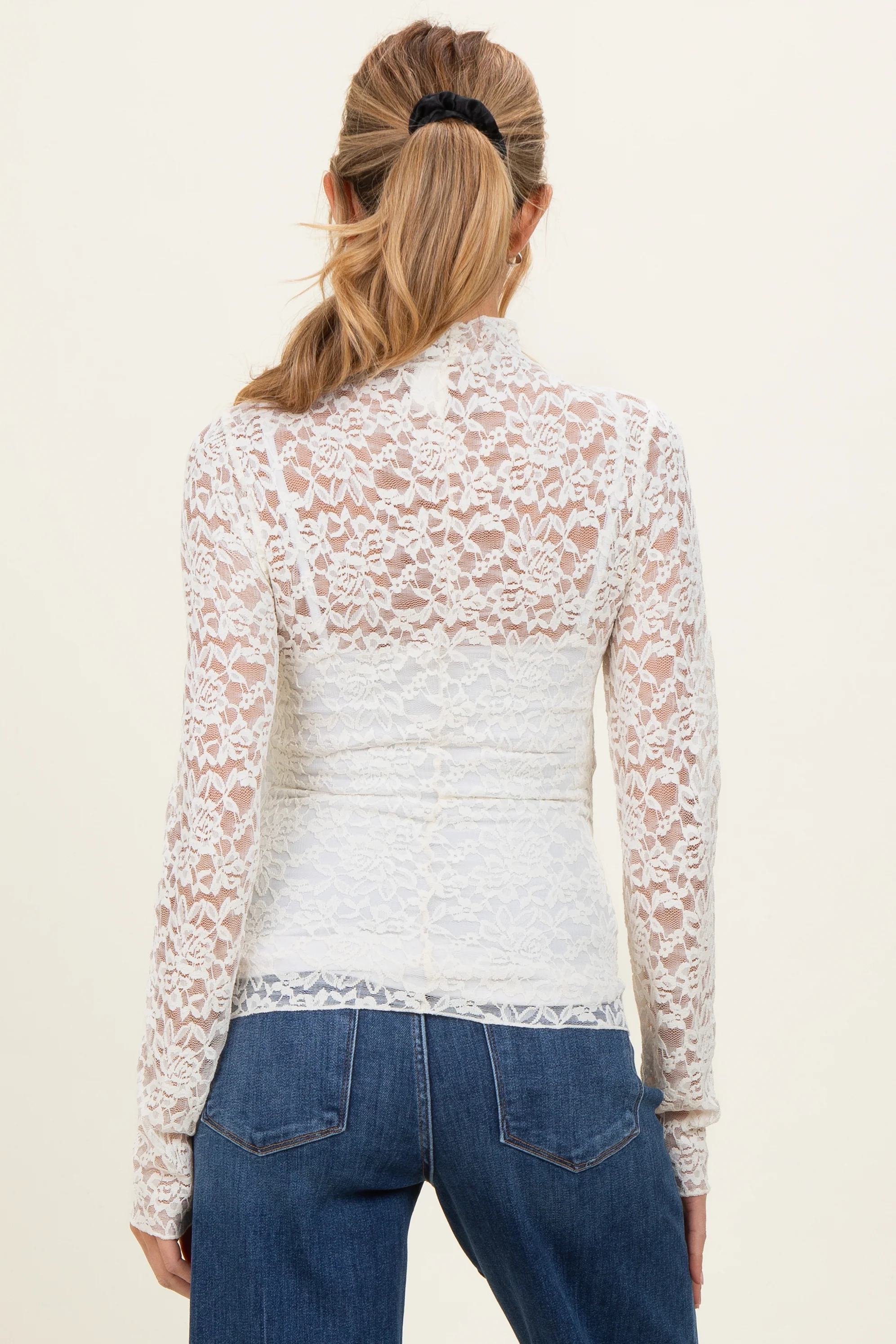 Ivory High Neck Fitted Sheer Lace Maternity Top - Image 4